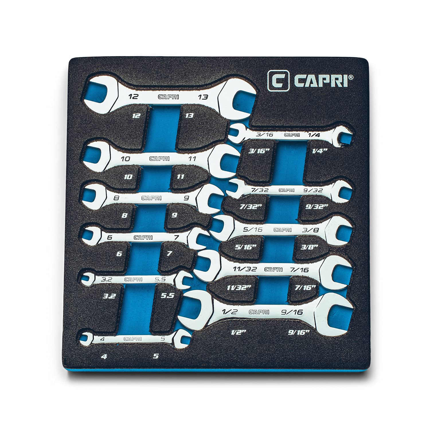 Capri Tools Slim Mini Open End Wrench Set - Metric & SAE (3.2-13mm & 3/16-9/16in) - 11-Piece with Mechanic's Tray - Perfect for Tight Spaces & Automotive Repairs