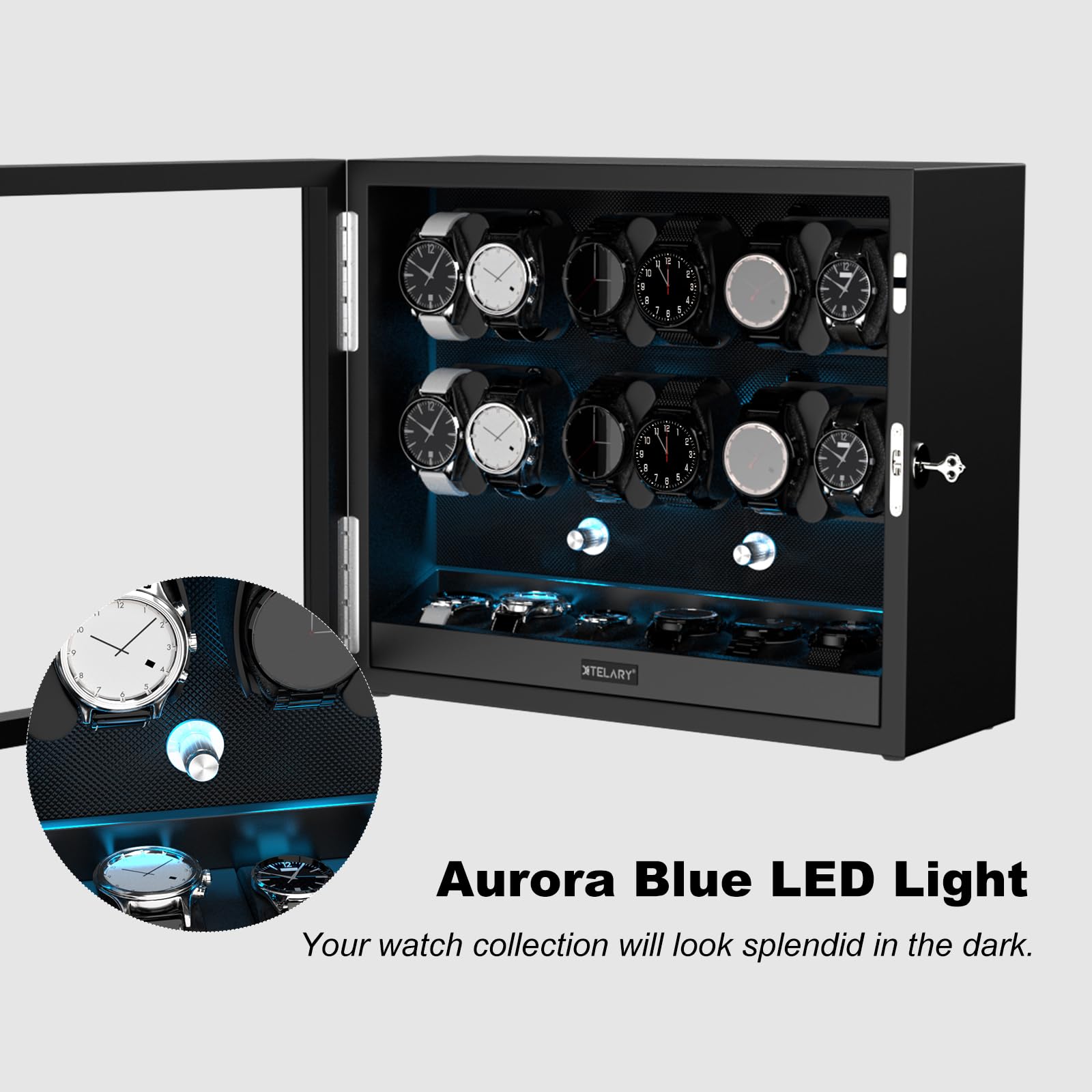 XTELARY Lockable Automatic Watch Winder for 4/6/8/12 Watches - 4 Rotation Modes with Quiet Motor & LED Backlight | Perfect for Watch Collectors, Luxury Timepiece Storage & Travel Protection