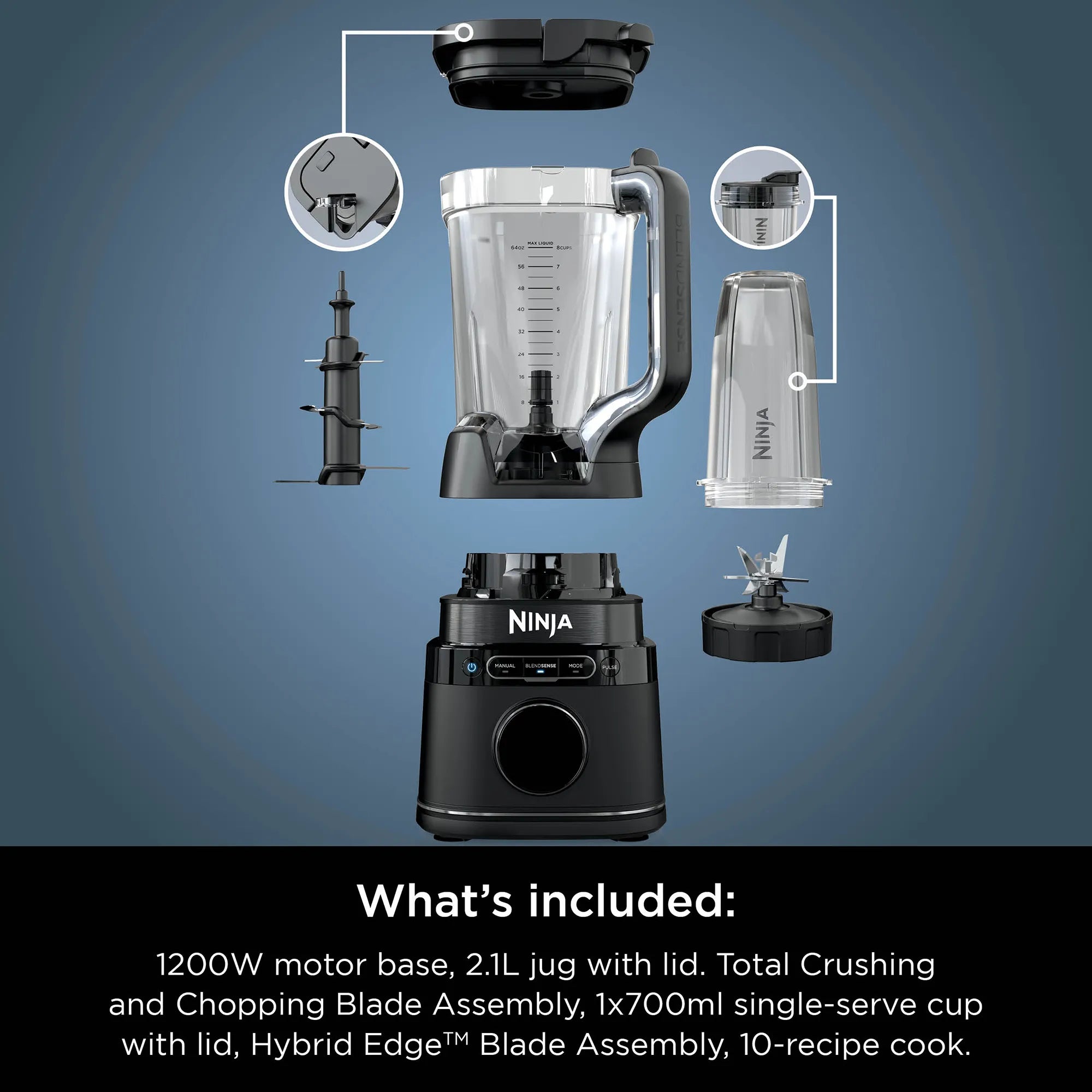 Ninja Detect Duo Power Blender Pro with Single Serve Cup - 1500W High-Speed Blender for Smoothies, Shakes & Food Prep - Perfect for Kitchens, Gyms & Healthy Lifestyles