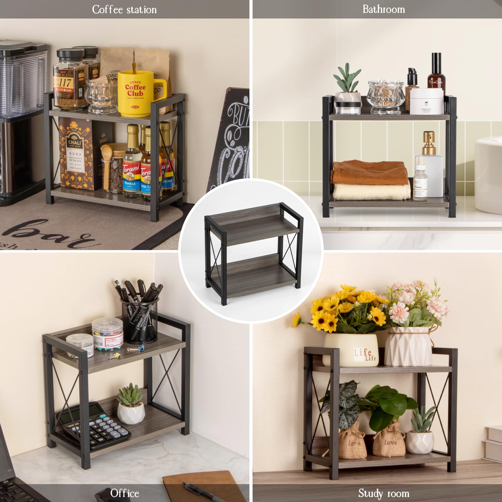 Grey Wooden 2-Tier Coffee Bar Organizer - Countertop Spice Rack & Kitchen Shelf for Coffee Station, Office, and Home Decor