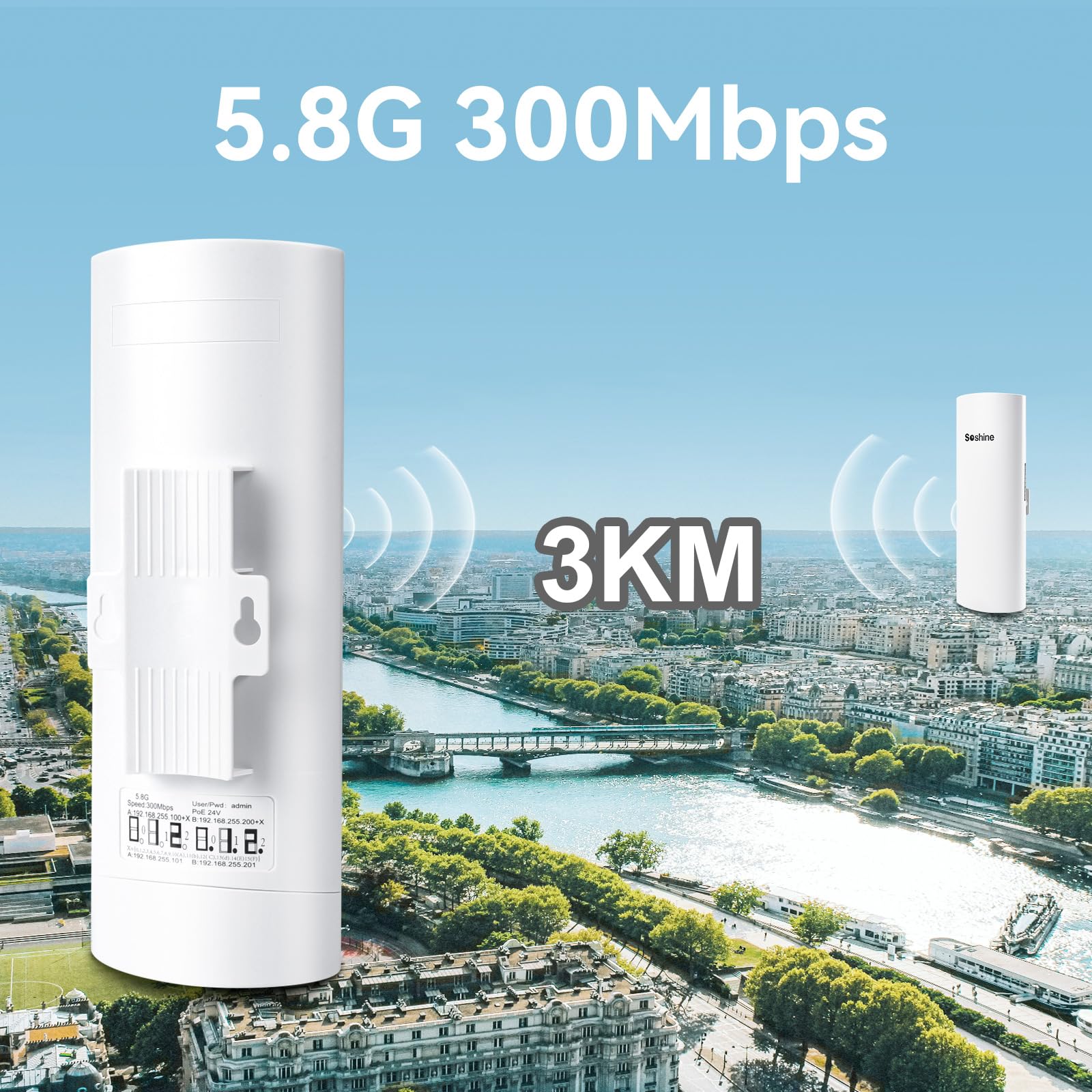 Soshine 5.8G 300Mbps Wireless Bridge Kit with Mounts - Long Range 3KM Point to Point Outdoor WiFi Extender for Shop, Barn, Garage & Building | Plug & Play with 24V PoE Injector & 2 RJ45 Ports (2-Pack) - Perfect for Remote Offices, Farm Connectivity & Surveillance Systems