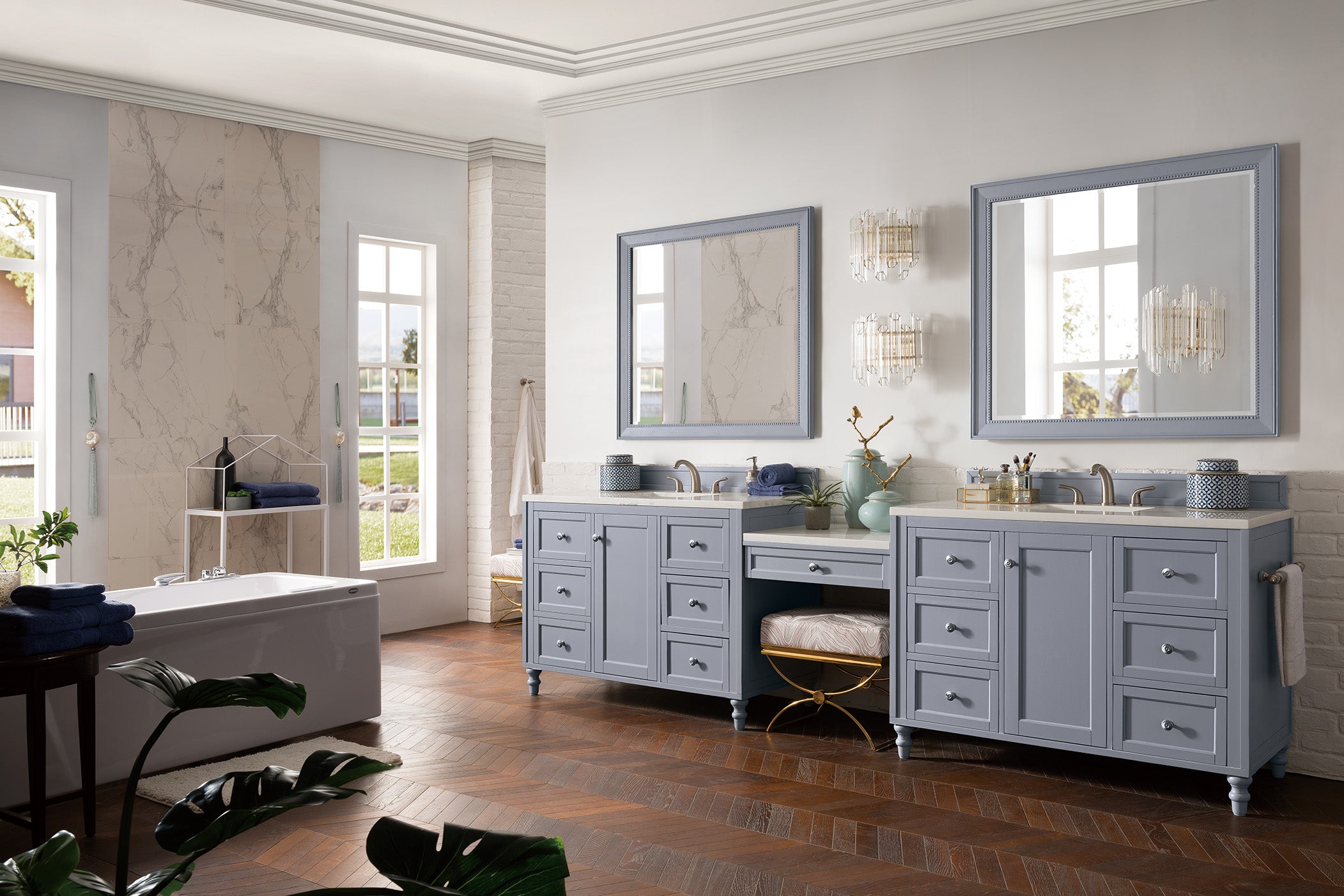 Copper Cove Encore 122 Double Vanity Set with Makeup Table - Silver Gray Finish, 3CM Arctic Fall Solid Surface Top - Perfect for Master Bathroom & Luxury Home Renovation