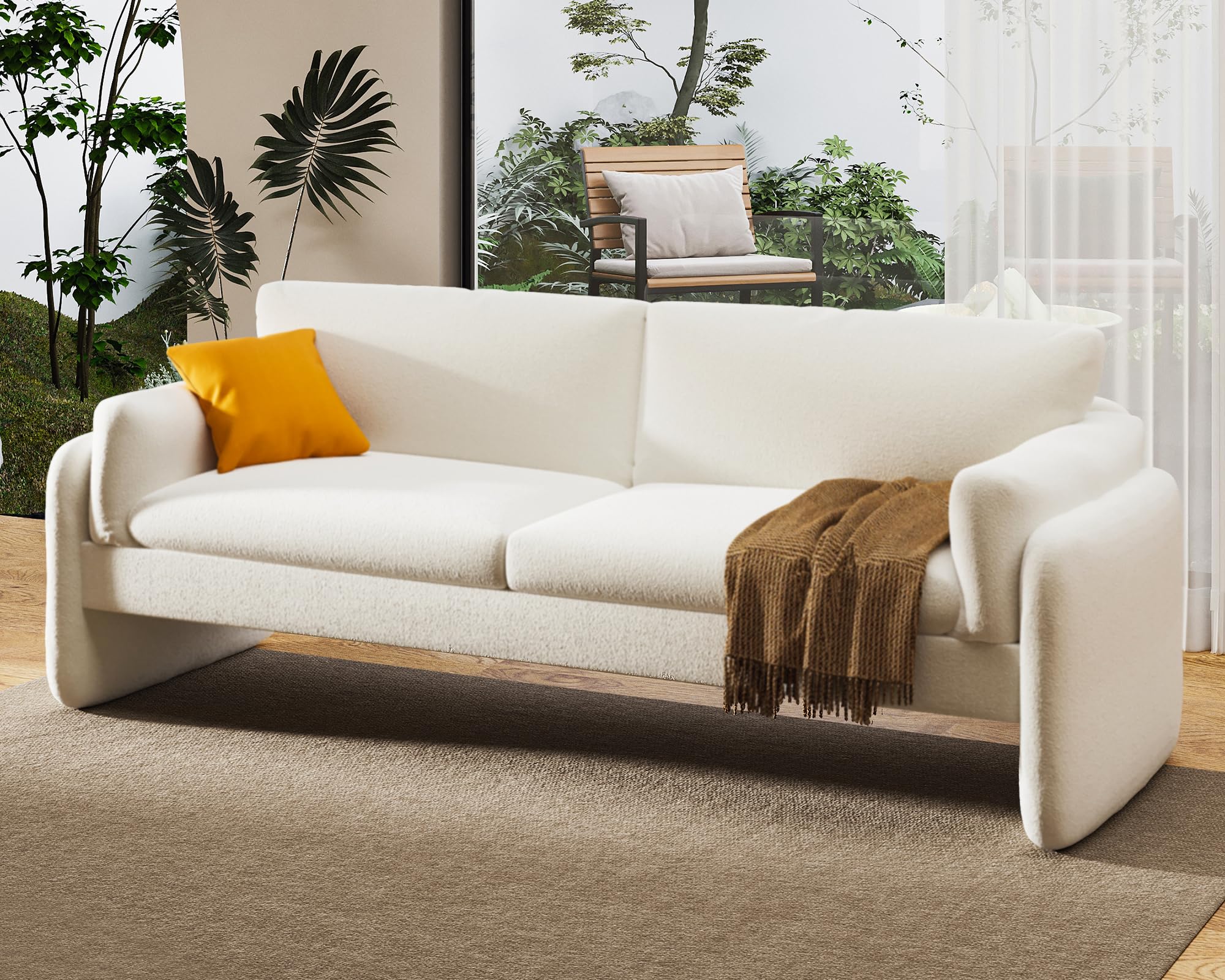 Modern 3-Seater Sofa Couch with Embedded Armrests - Offwhite Bouclé Fabric for Living Room, Lounge & Family Room - Cozy & Stylish Papababe Sofa for Home Decor