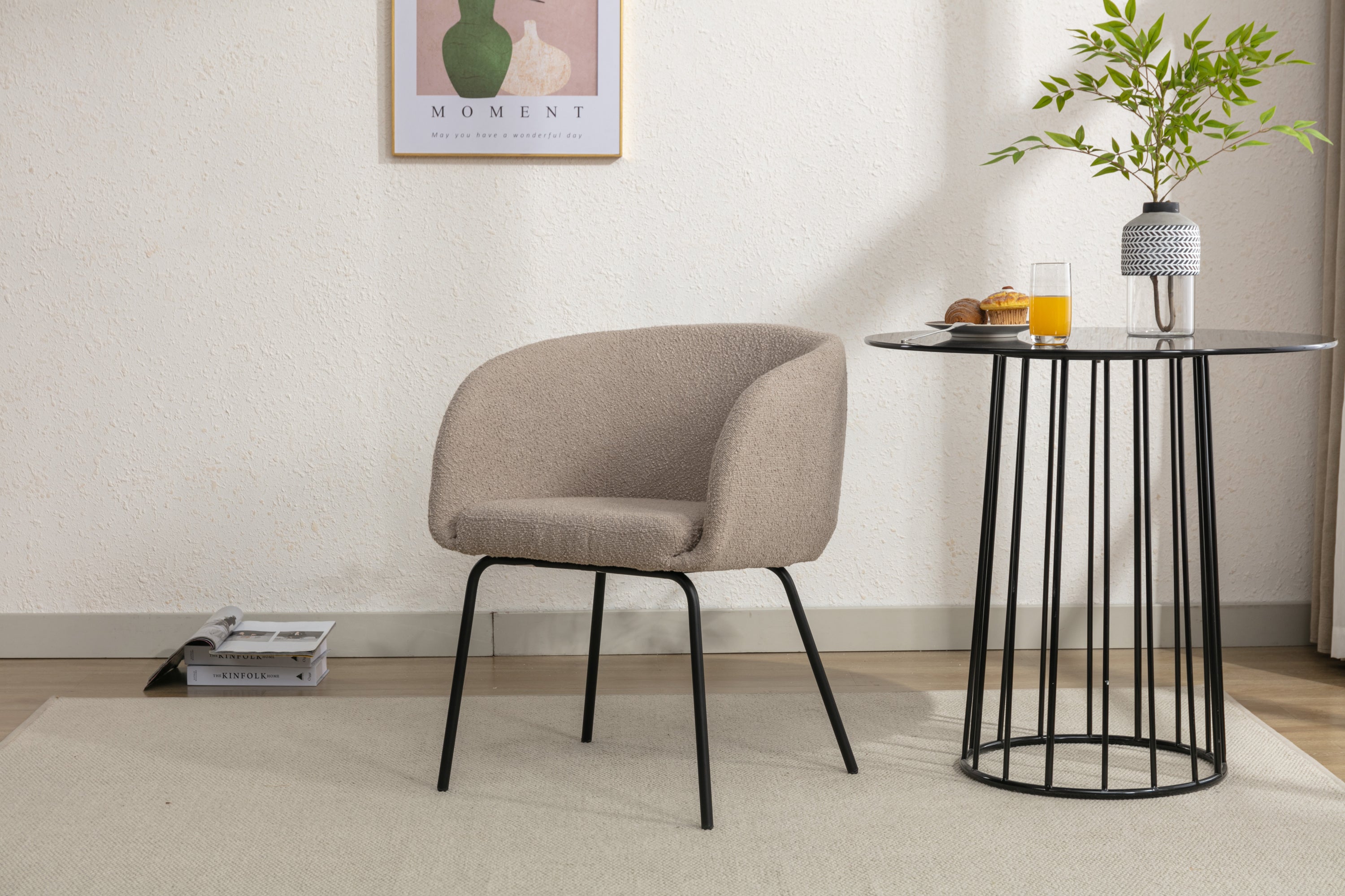 Boucle Fabric Dining Chair with Black Metal Legs - Set of 1 - Modern Upholstered Accent Chair for Kitchen, Dining Room, or Office