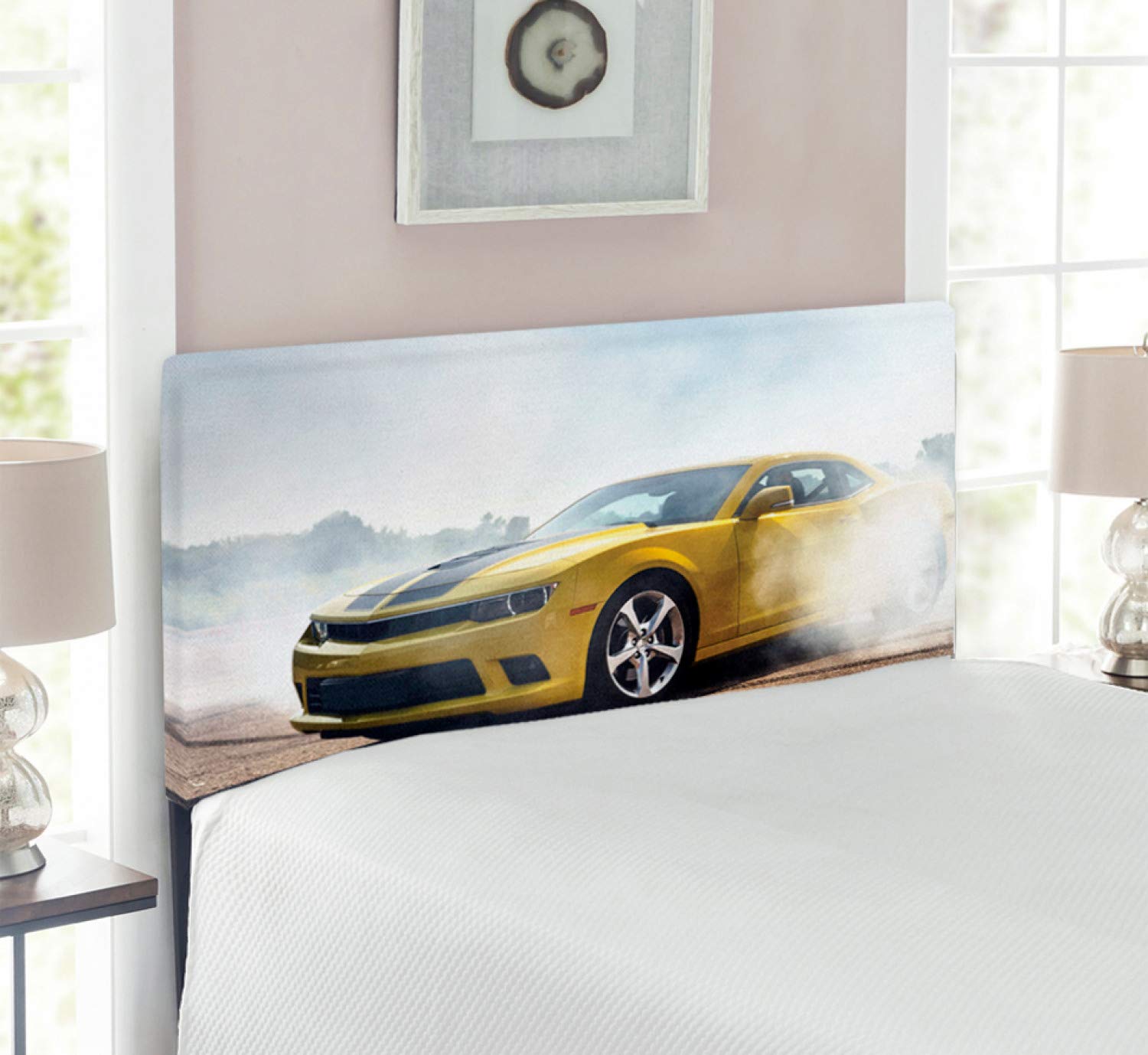 Ambesonne Twin Size Yellow Upholstered Metal Bed Headboard with Memory Foam - Racer Sports Car Drifting on Asphalt Design - Perfect for Kids' Bedrooms, Racing Enthusiasts & Modern Home Decor