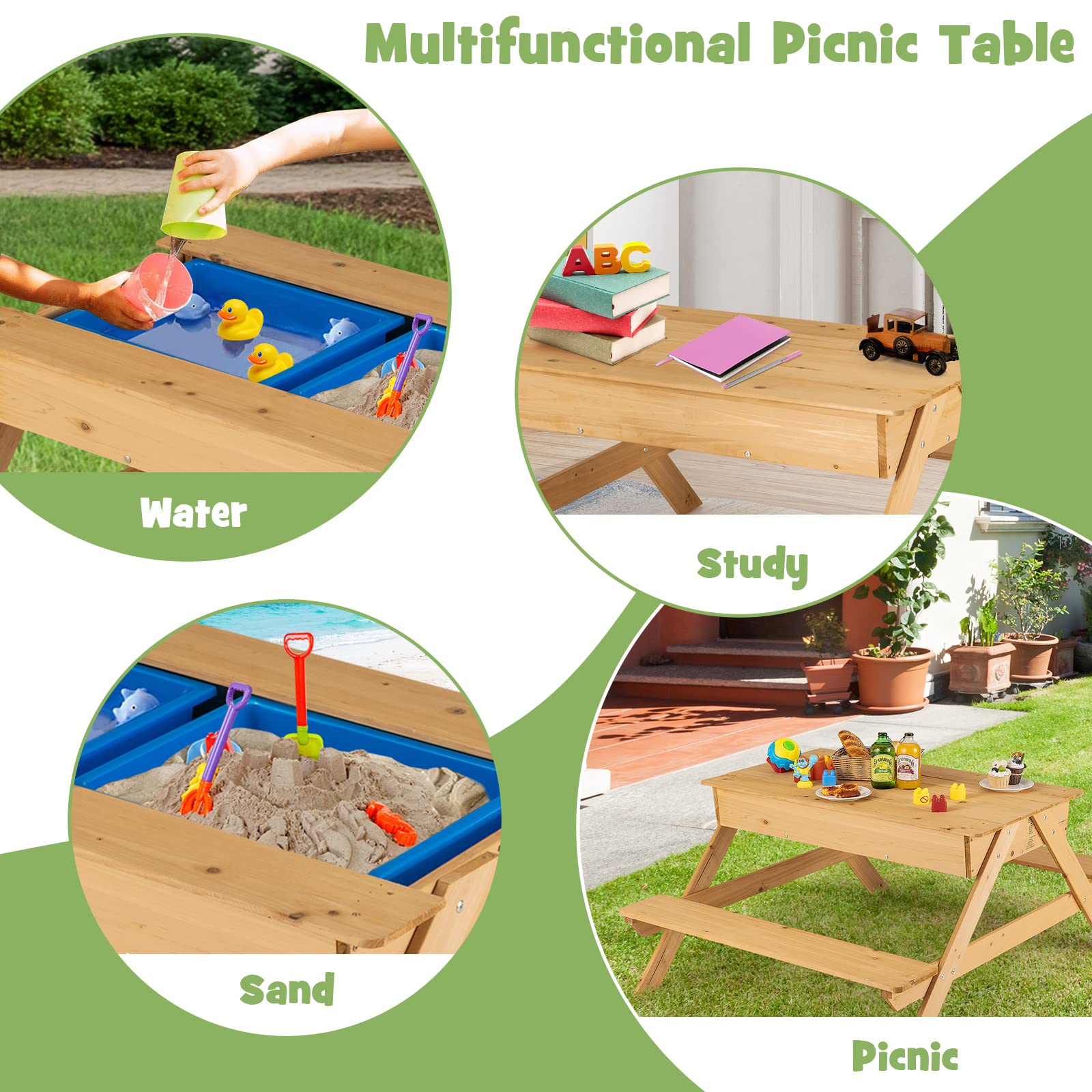 HONEY JOY Kids Picnic Table - 3-in-1 Convertible Sand & Water Play Table with 2 Storage Bins & Detachable Tabletop - Wooden Outdoor Bench Set for Backyard, Garden & Patio - Perfect for Toddler Activities, Sensory Play & Outdoor Fun