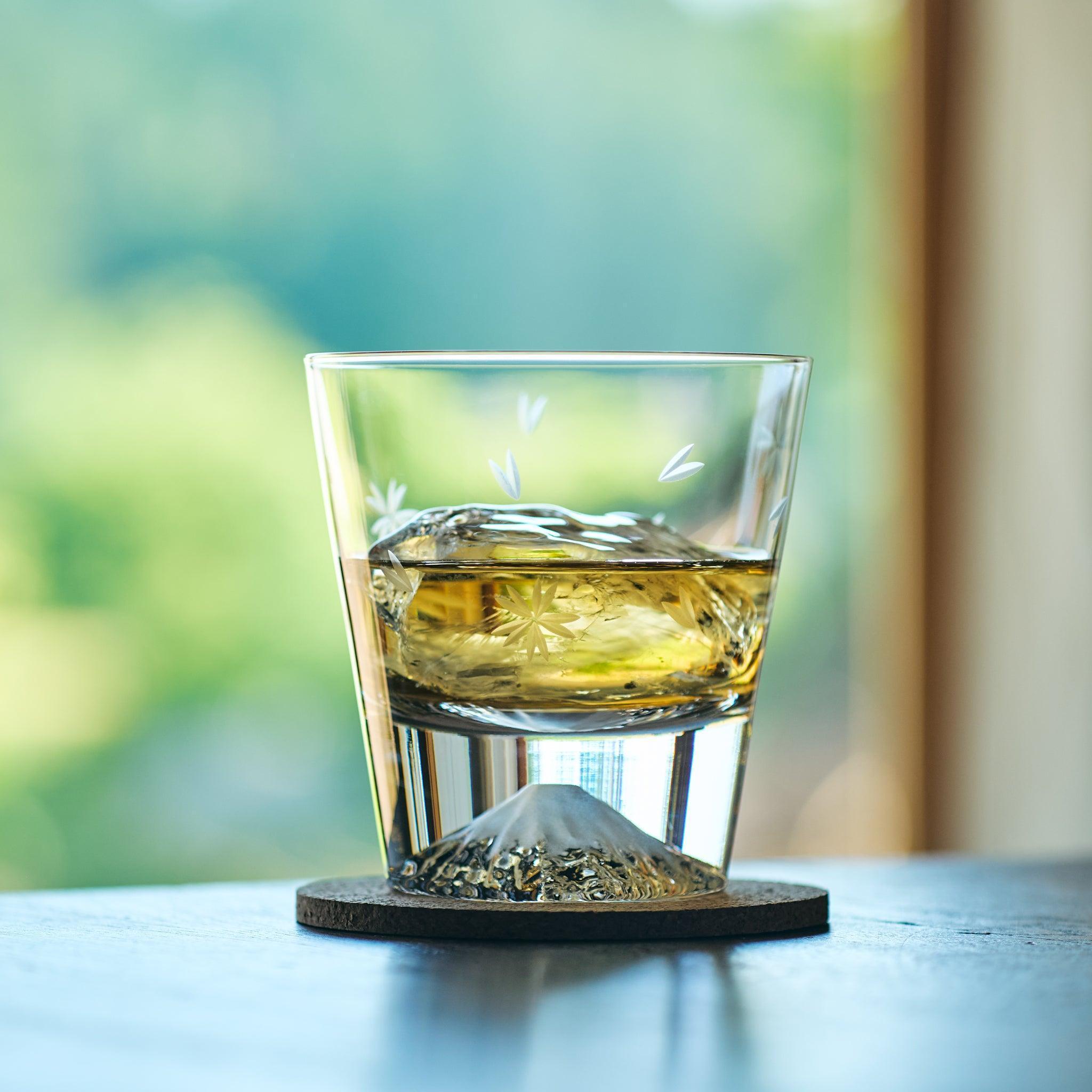 Tajima Mount Fuji Rocks Glass Set with Cherry Blossom Design - Japanese Whiskey Glasses for Cocktails, Bourbon & Scotch - Perfect for Home Bar, Gifts & Japanese Culture Enthusiasts