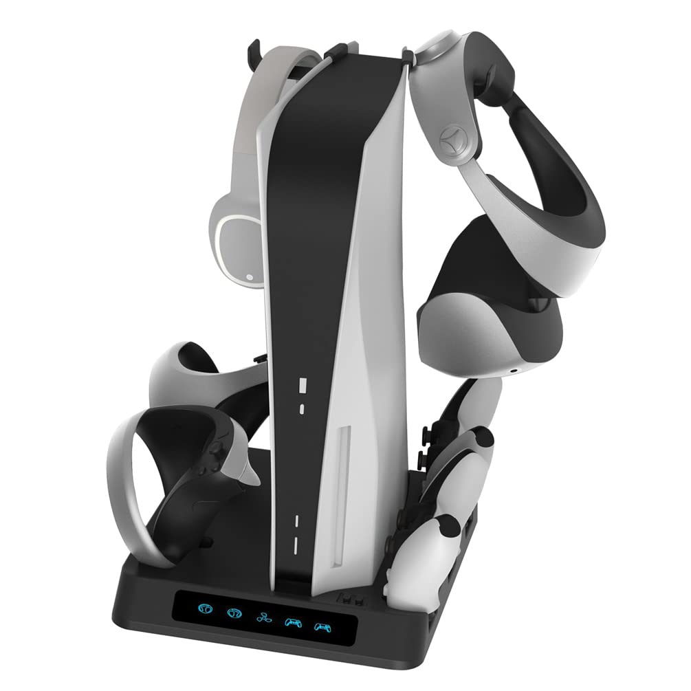 LiLTok P5VR2 Dual Controller Charging Station with Cooling Fan - Vertical Stand Compatible with PS5 PSVR 2 Headset Holder & VR2 Grip Charging Dock | Perfect for Gaming Setup & VR Accessories Organization