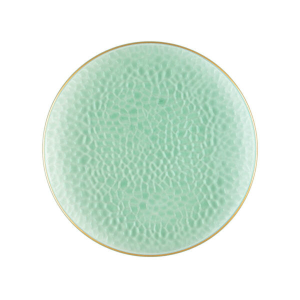 Eco-Friendly Green & Gold Round Hammered Plastic Plates - Organic & Durable Dinnerware for Parties, Picnics, and Outdoor Events
