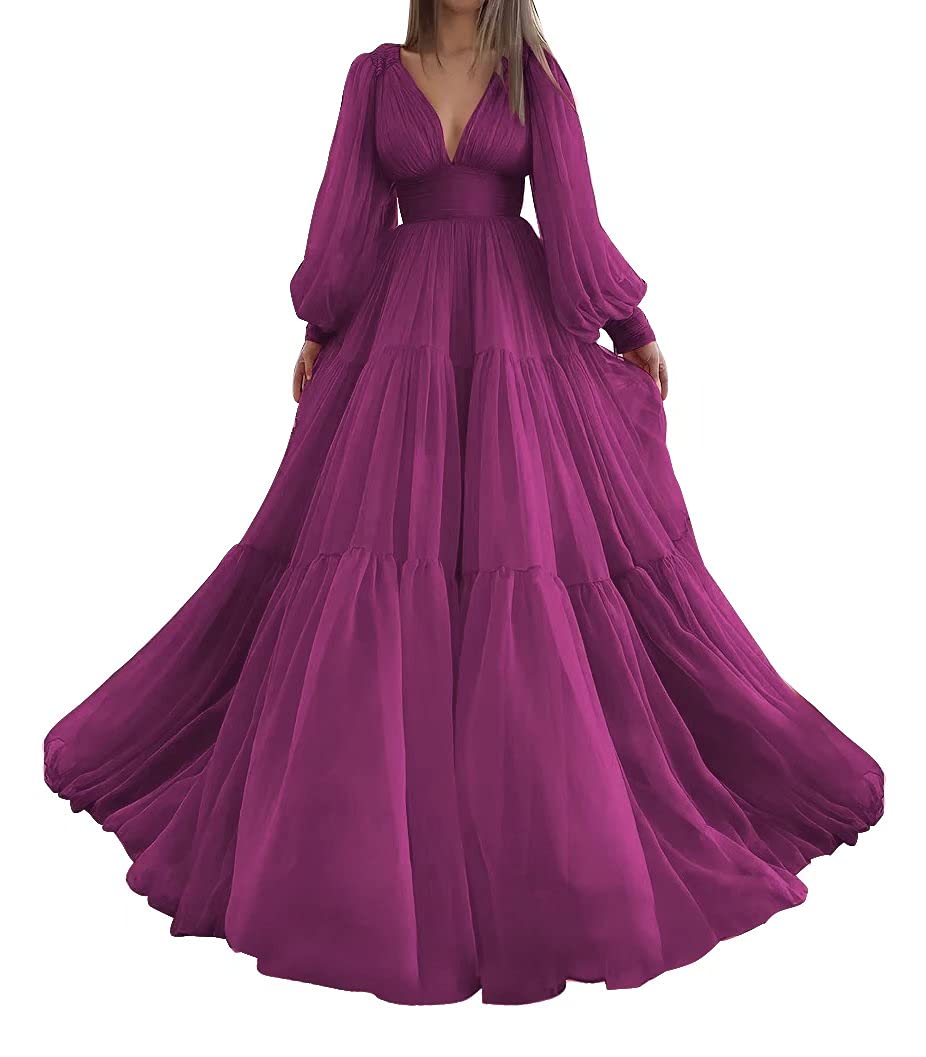 Elegant Fuchsia Long Sleeve Tulle Ball Gown Prom Dress - V-Neck Formal Evening Gown for Women (Size 24) | Perfect for Weddings, Proms & Special Occasions