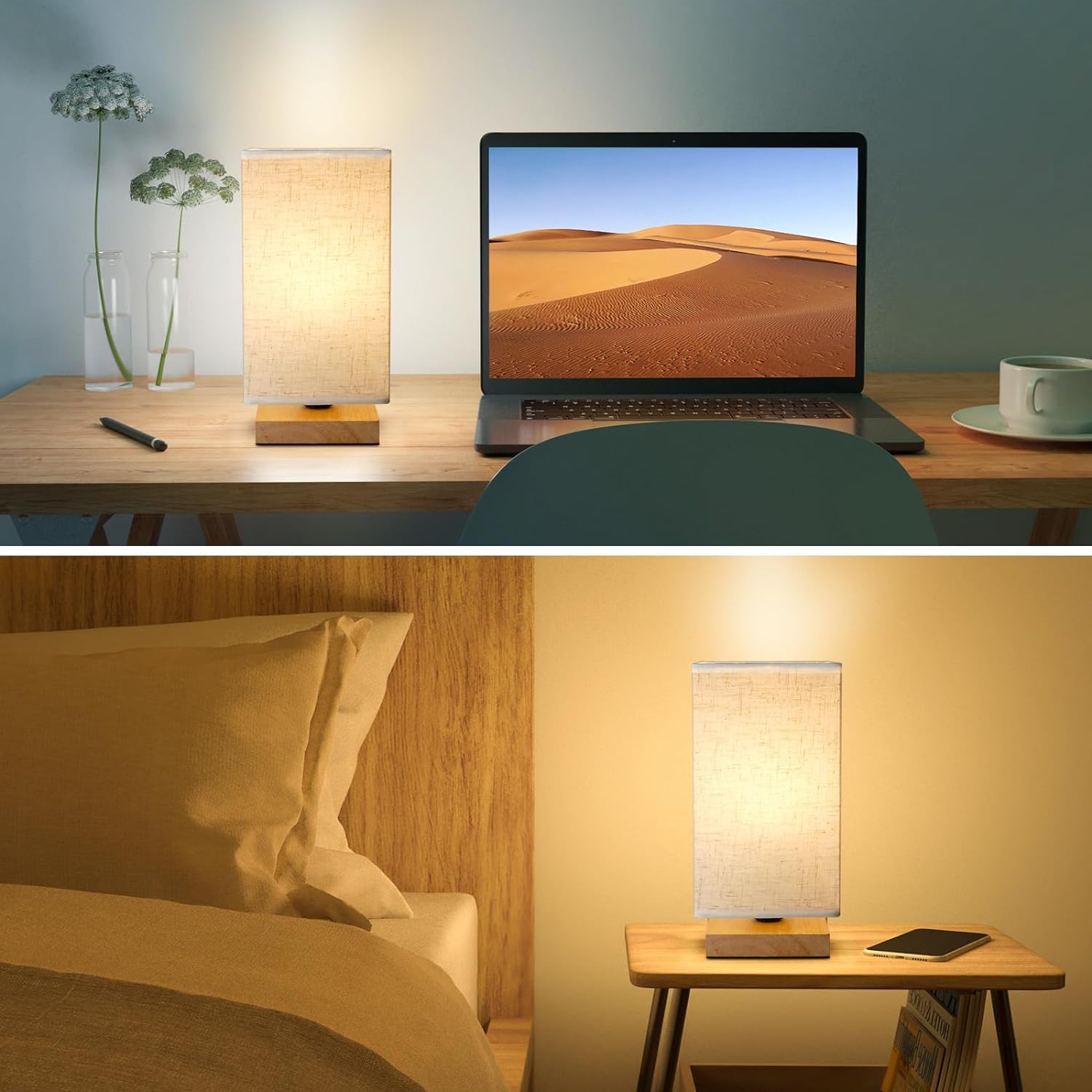 Minimalist Square Fabric Linen Shade Bedside Lamp - Warm LED Table Light for Bedroom, Kids Room, Living Room, Dorm & Office with On/Off Switch (Bulb Included) | Perfect Nightstand Companion for Reading & Relaxation