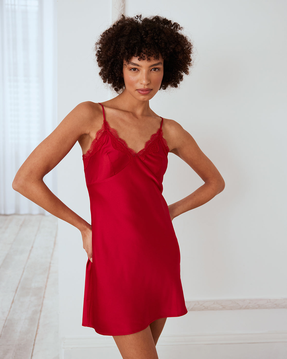 Elegant Red Satin Lace Trim Slip Nightdress - Soft & Comfortable Sleepwear for Women - Perfect for Romantic Nights & Special Occasions