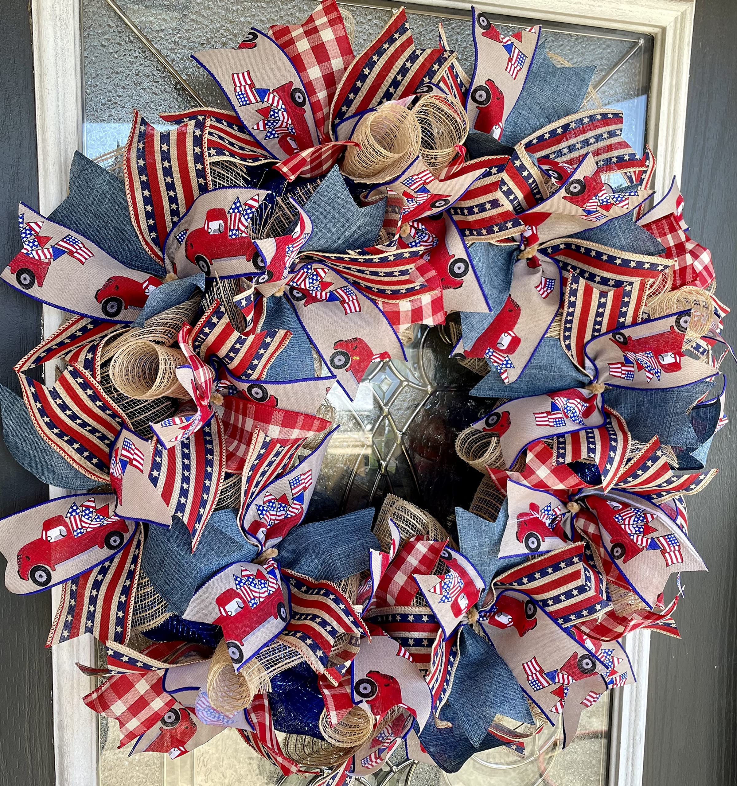 XL Old Country Truck Farmhouse Patriotic Wreath - 4th of July Independence Day Deco Mesh Front Door Decor - Perfect for Birthday, Baby Shower & Wedding - Porch, Patio & Party Decoration for Patriotic Home Celebrations