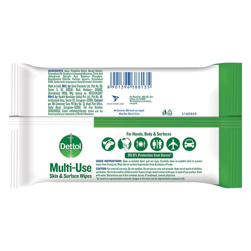 Dettol Germ Protection Wet Wipes for Skin & Surfaces, Original Scent - 10 Count Pack with Moisture-Lock Lid | Antibacterial Cleaning Wipes for Home, Office & Travel Use