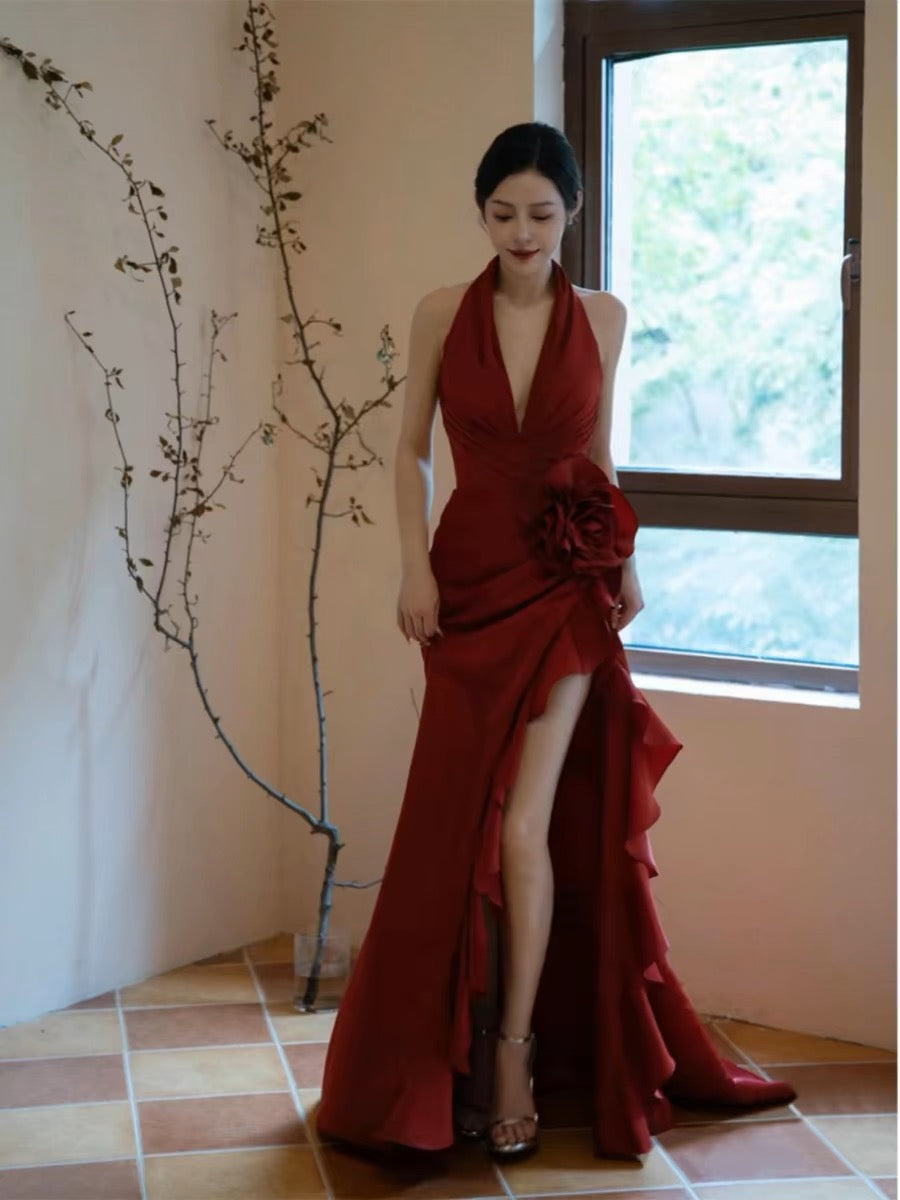 Elegant Burgundy Halter Mermaid Prom Dress with High Slit - J3218 | Perfect for Homecoming, Formal Dances & Special Occasions