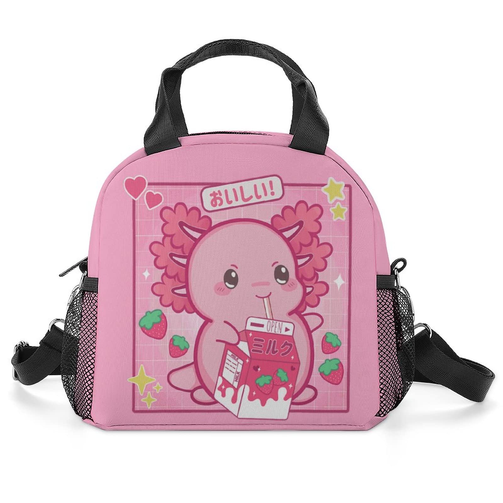 Cute Anime Axolotl Strawberry Milk Lunch Bag - Insulated Reusable Lunch Box for Women, Men, Boys & Girls - Perfect for Work, School, Picnics & Outdoor Activities