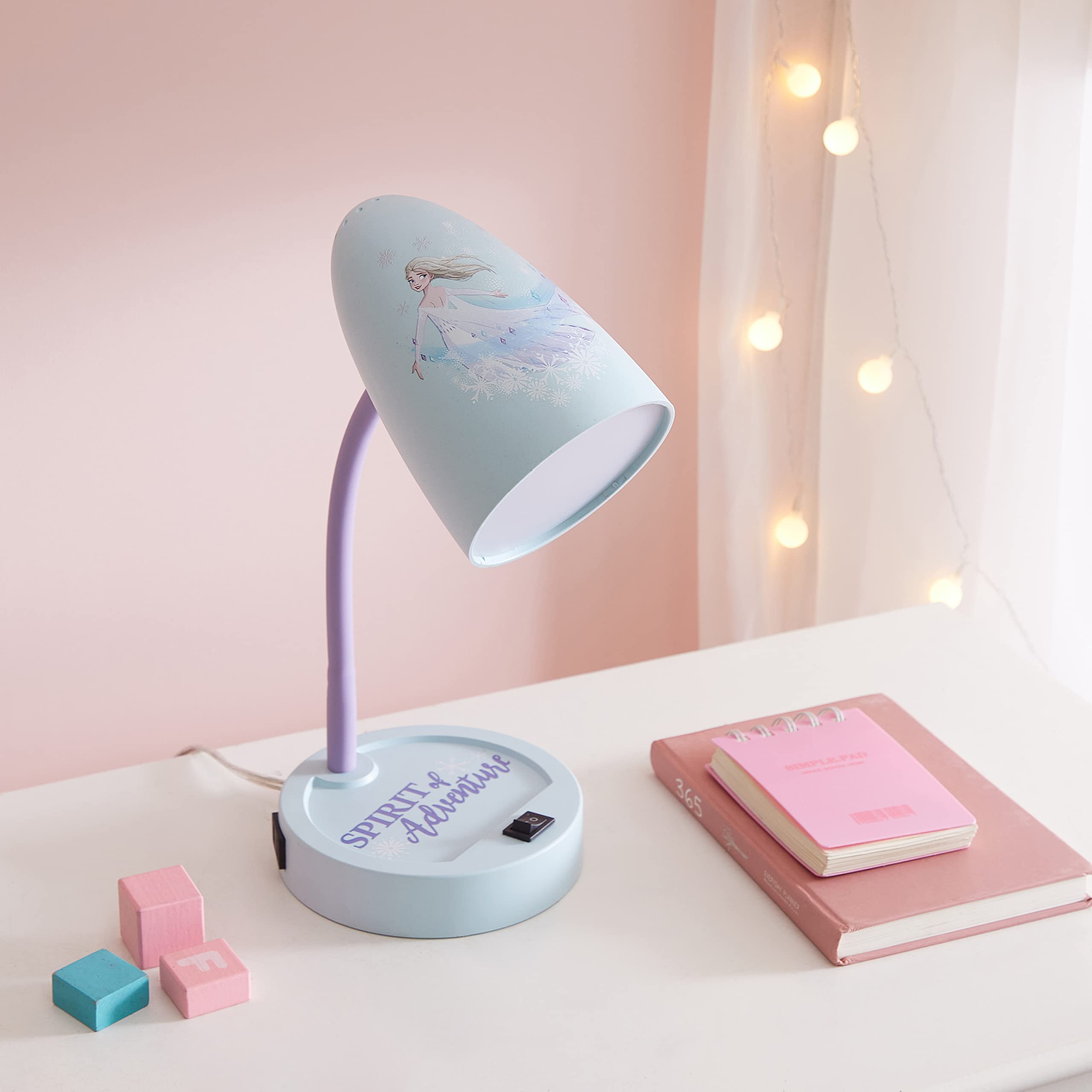 Disney Frozen LED Desk Lamp with USB Charging Port - Switch Operated Night Light for Kids Room, Study Table & Bedside Reading