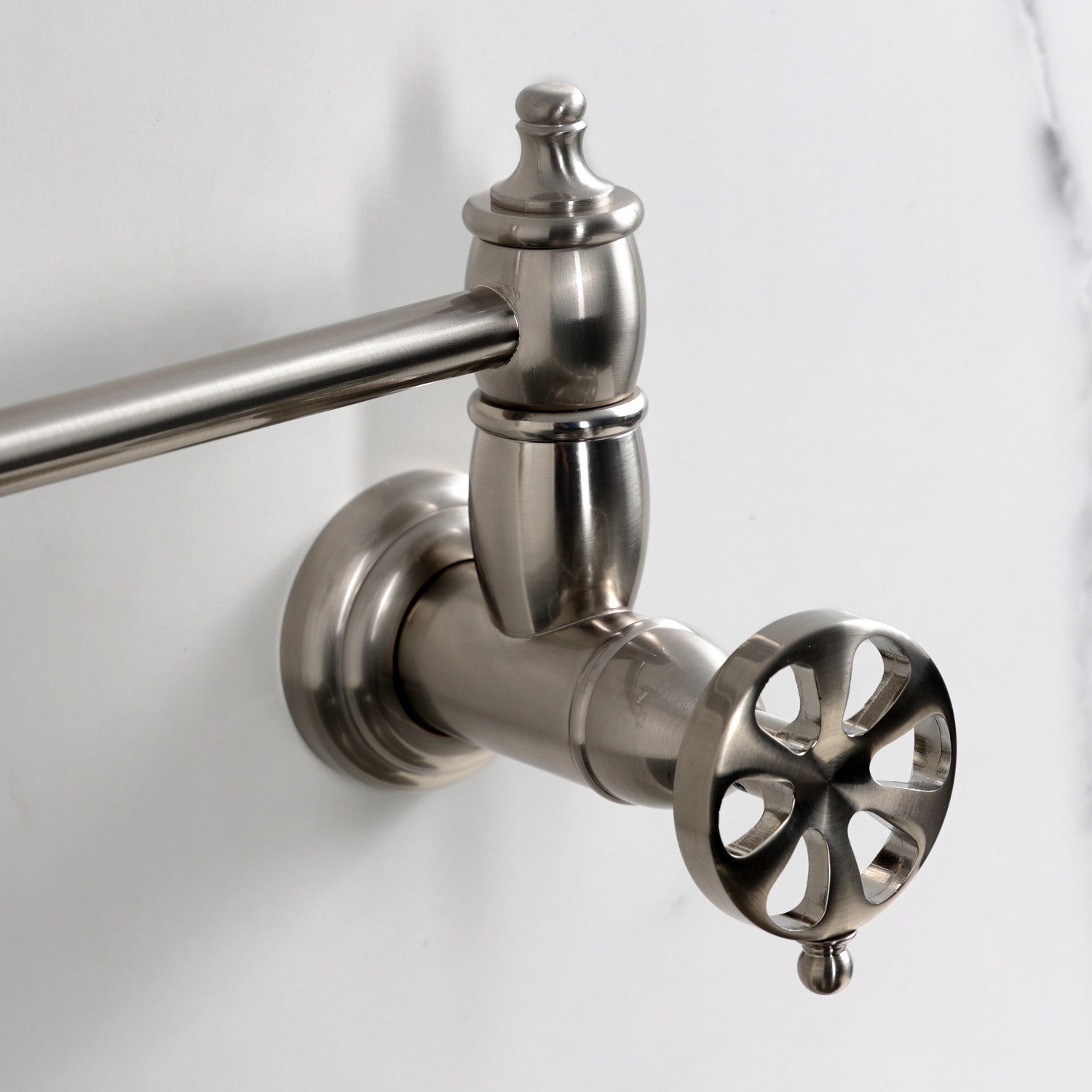 Belknap KS3108RX Brushed Nickel Two Handle Wall Mount Pot Filler Faucet - Perfect for Kitchen Sink, Stove & Cooking Area
