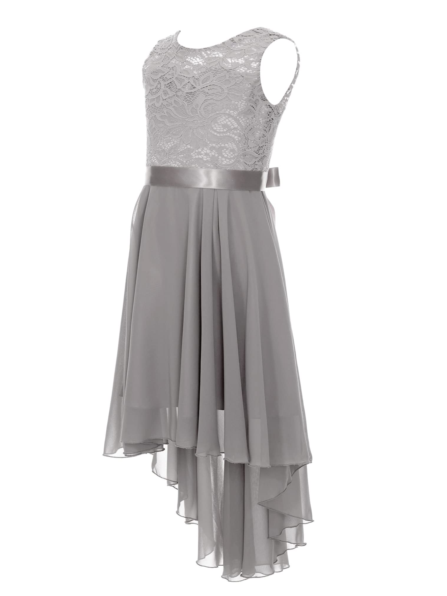 Girls Chiffon Sleeveless Floral Lace Bridesmaid Dress with High-Low Hem - Perfect for Weddings, Flower Girls, and Special Occasions