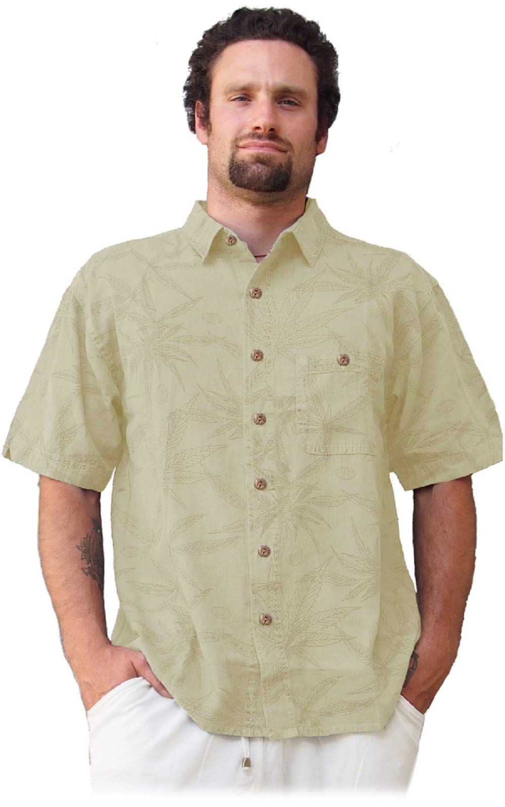 Men's Casual Short Sleeve Button Up Shirt - Breathable Hemp Leaf Print Regular Fit for Summer Outdoor & Office Wear