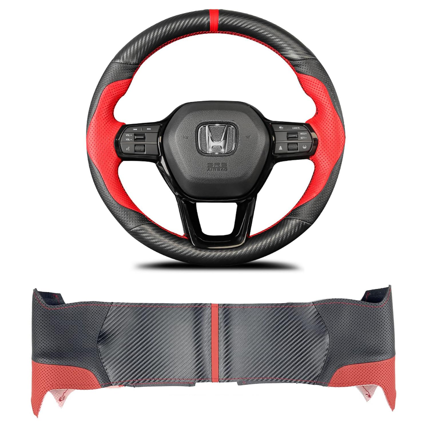 Premium Hand-Stitched Steering Wheel Cover for 2022 Honda Civic 11th Gen - Red Perforated Leather & Matte Black Carbon Fiber - Custom Fit Steering Wheel Protector for Enhanced Grip & Luxury Interior Upgrade - Perfect for Daily Commute & Long Road Trips