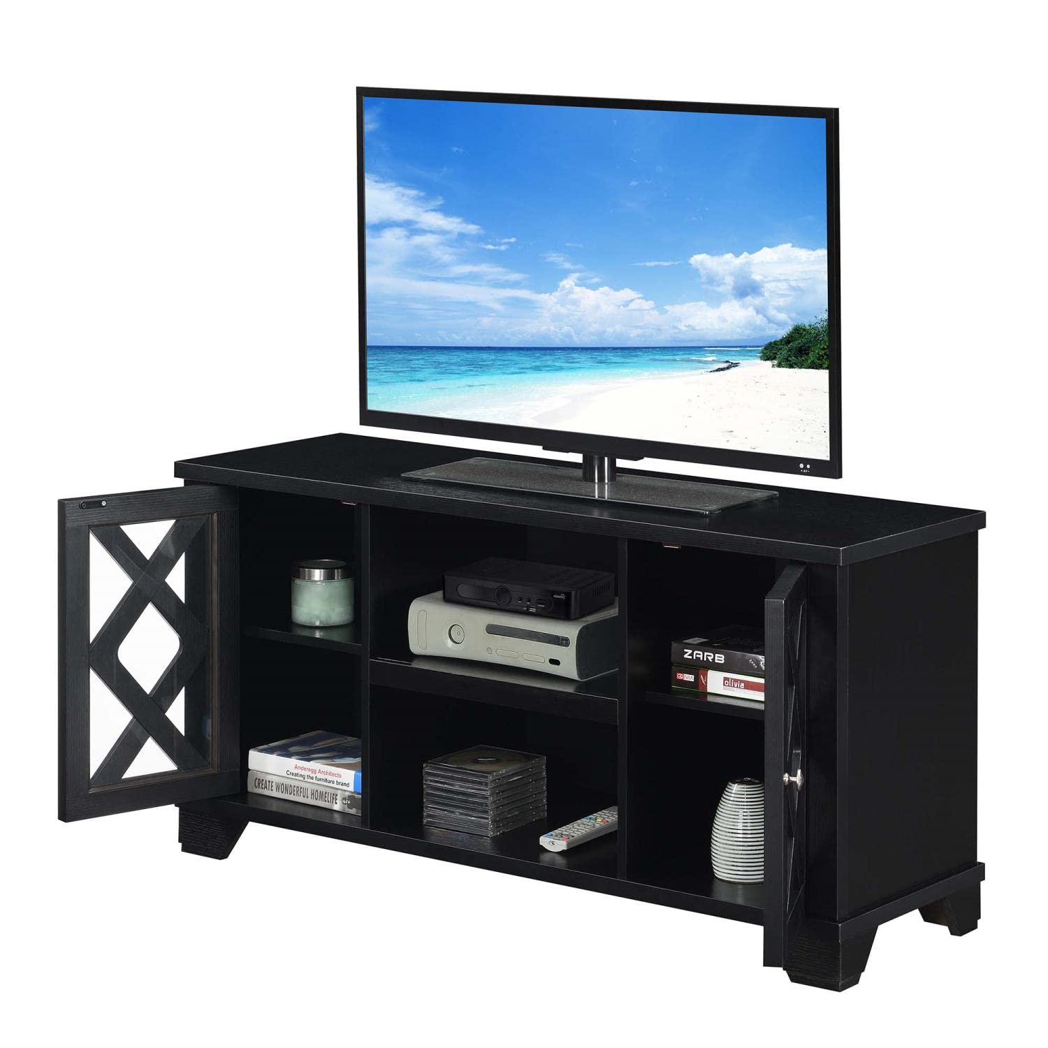 Convenience Concepts Gateway 47.25 Inch TV Stand - Traditional Black Entertainment Center with Storage Cabinets & Shelves for Living Room, Office | Perfect for Family Movie Nights & Home Theater Setup