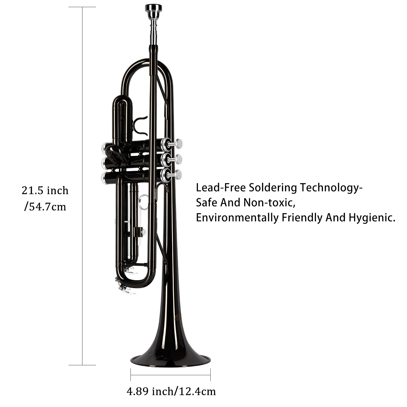 EASTROCK Bb Trumpet Standard Brass Instrument Set with Hard Carrying Case, Cleaning Kit, 7C Mouthpiece & Gloves - Professional Beginner Trumpet for Students, Band Practice, Jazz Performances & School Music Classes (Black)