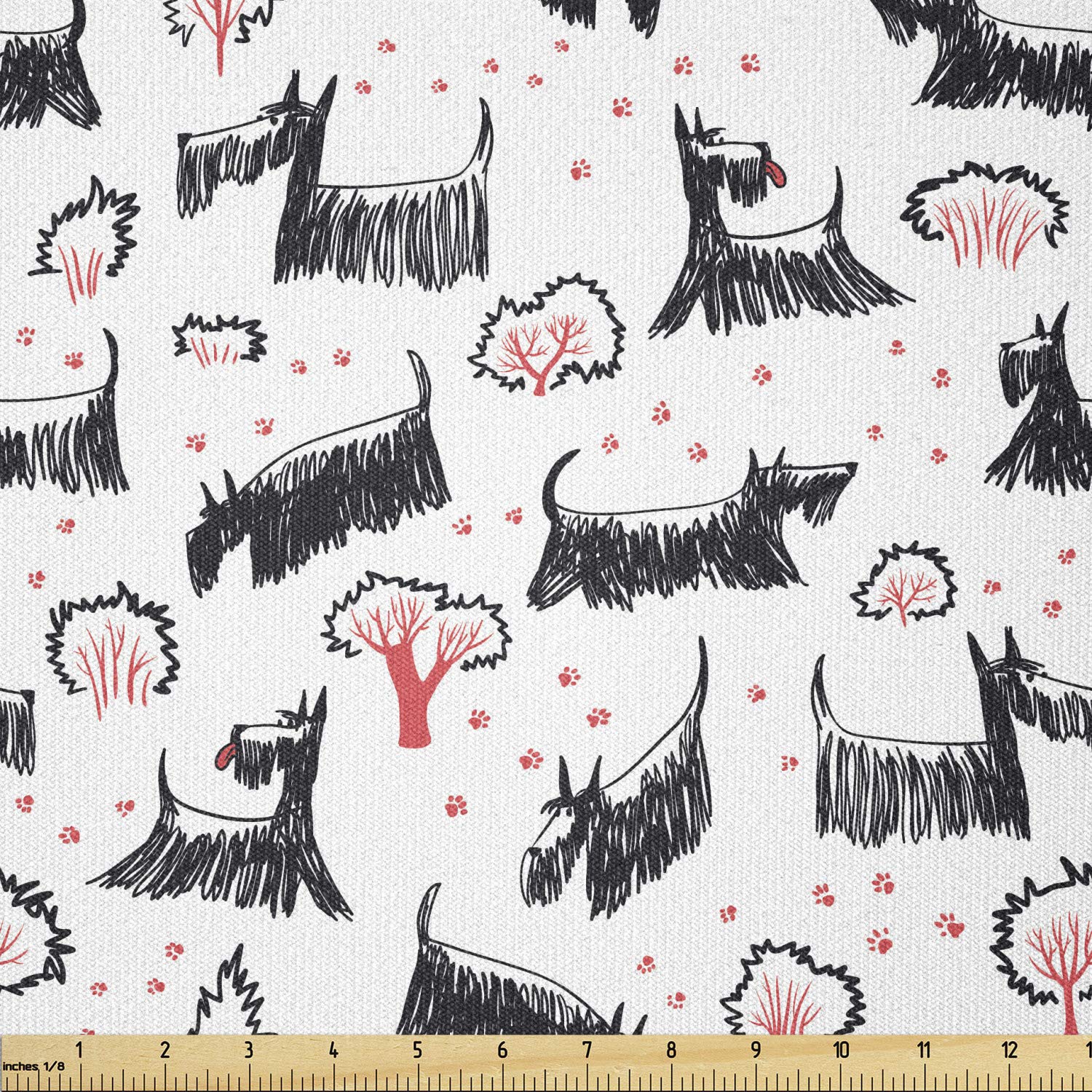 Ambesonne Scottie Dog Stretch Knit Fabric by The Yard - Hand-Drawn Sketch Scotch Breed Design for Clothing Sewing, DIY Arts & Crafts - 10 Yards Coral Charcoal - Perfect for Dog Lover Gifts, Home Decor & Fashion Accessories