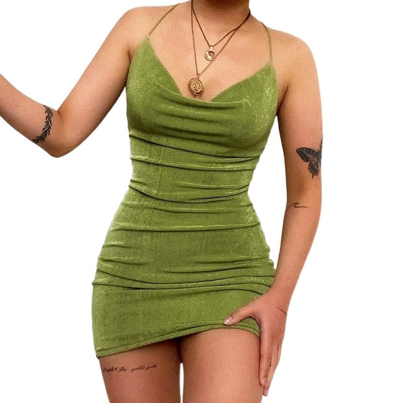 Women's Summer Suspender Short Bodycon Dress - Sleeveless V-Neck Mini Sundress with Cross Back Detail (Green, Small) | Perfect for Beach Parties, Date Nights & Summer Vacations