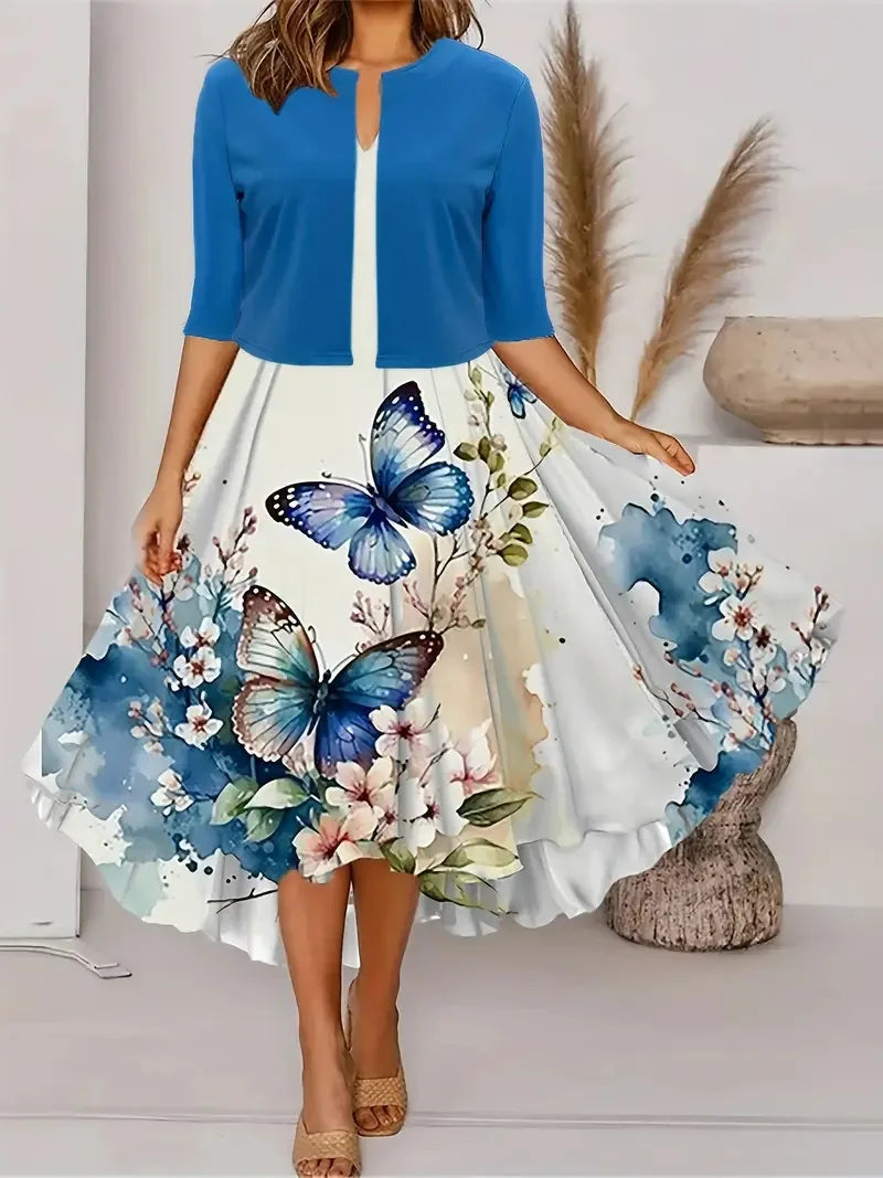 2025 Autumn Women's Long Sleeve Printed Dress with Short Cardigan Set - Casual Office Wear & Fall Outfits for Women