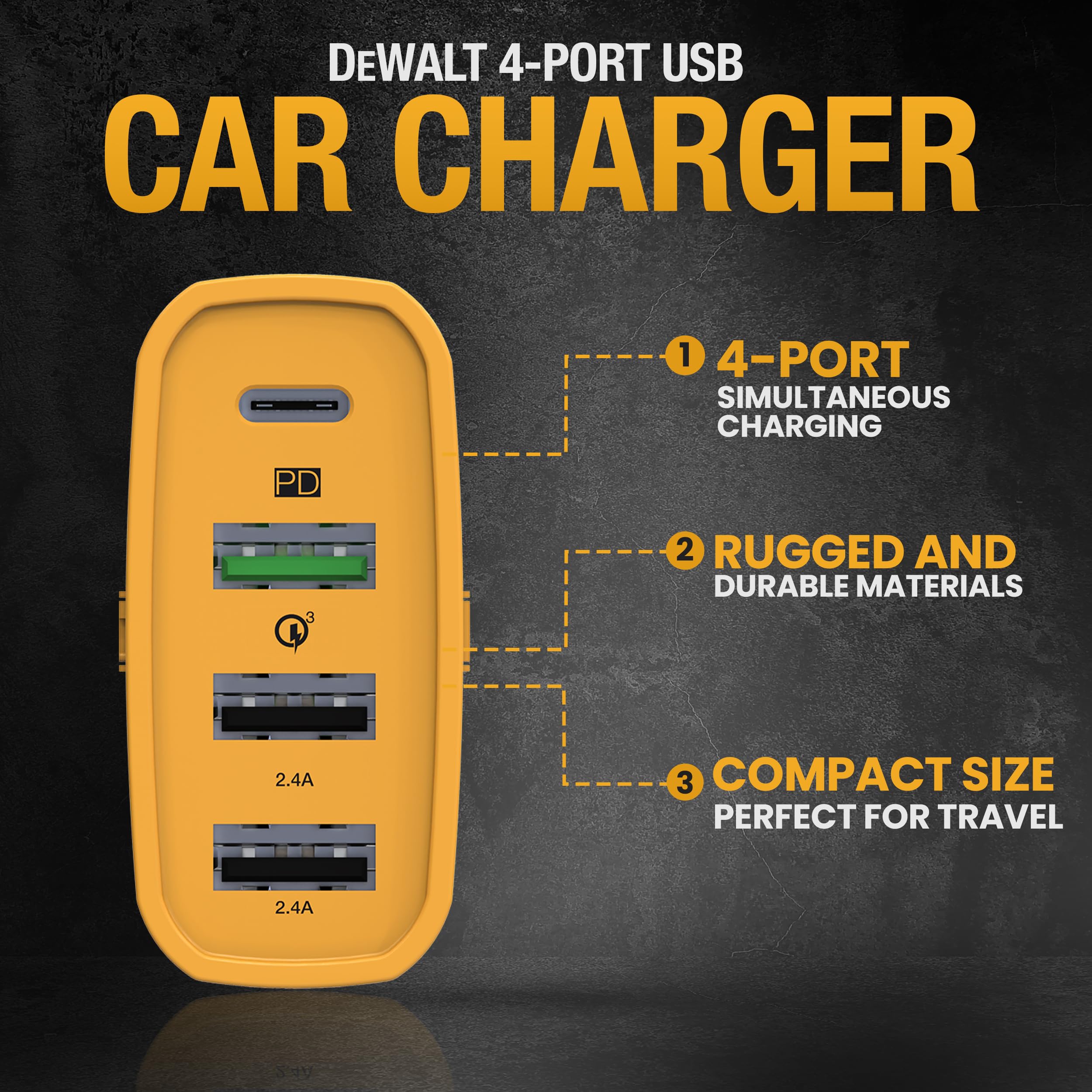 DEWALT 60W 4-Port USB C Car Charger with PD Fast Charging - Compatible with iPhone 16/15, Samsung Galaxy, iPad & More - Perfect for Road Trips, Commuting & Multi-Device Charging in Vehicles