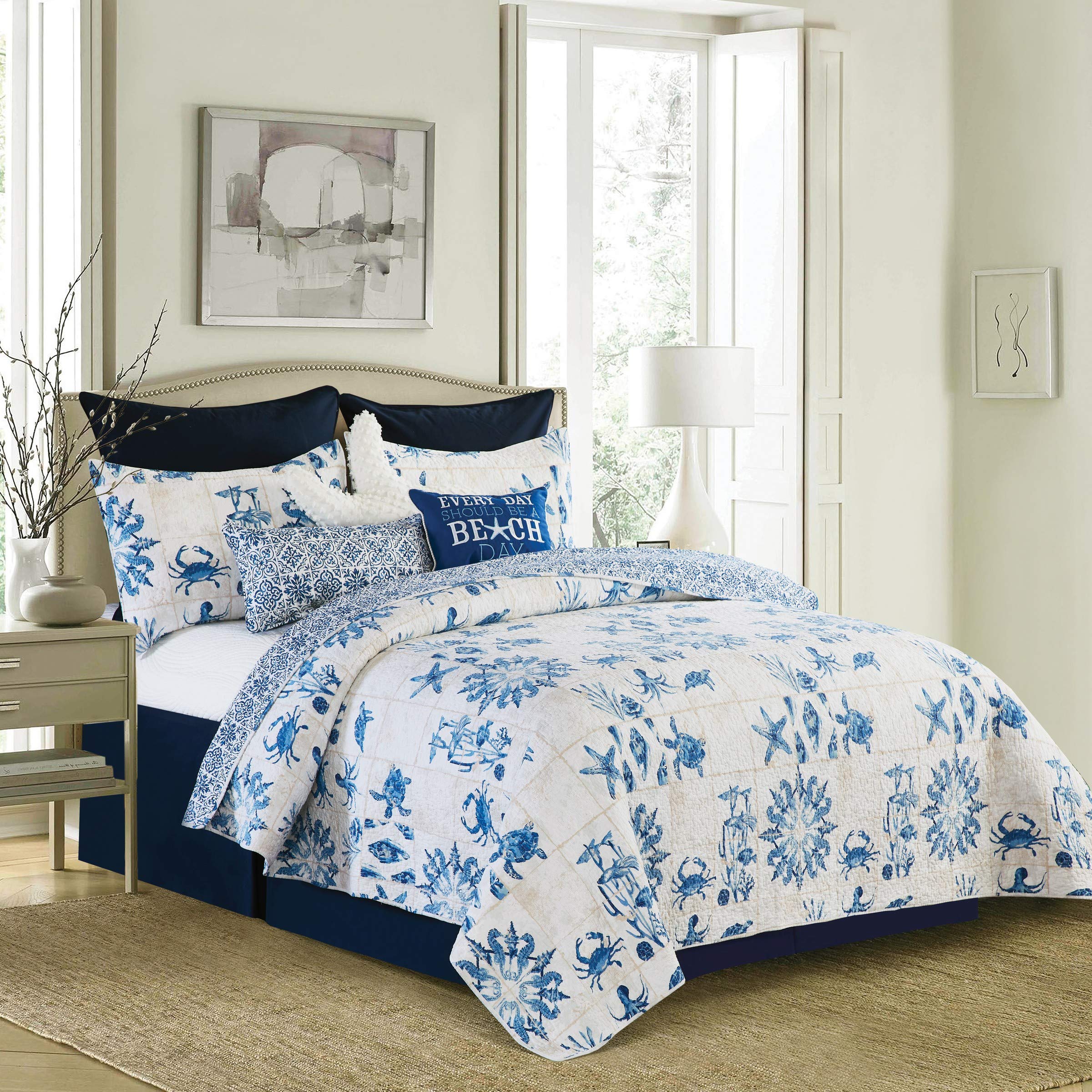 Casablanca Bay 3-Piece King Quilt Set - Coastal Beach Theme Blue & White Bedding with Matching Shams | Perfect for Beach House Decor & Coastal Style Bedrooms