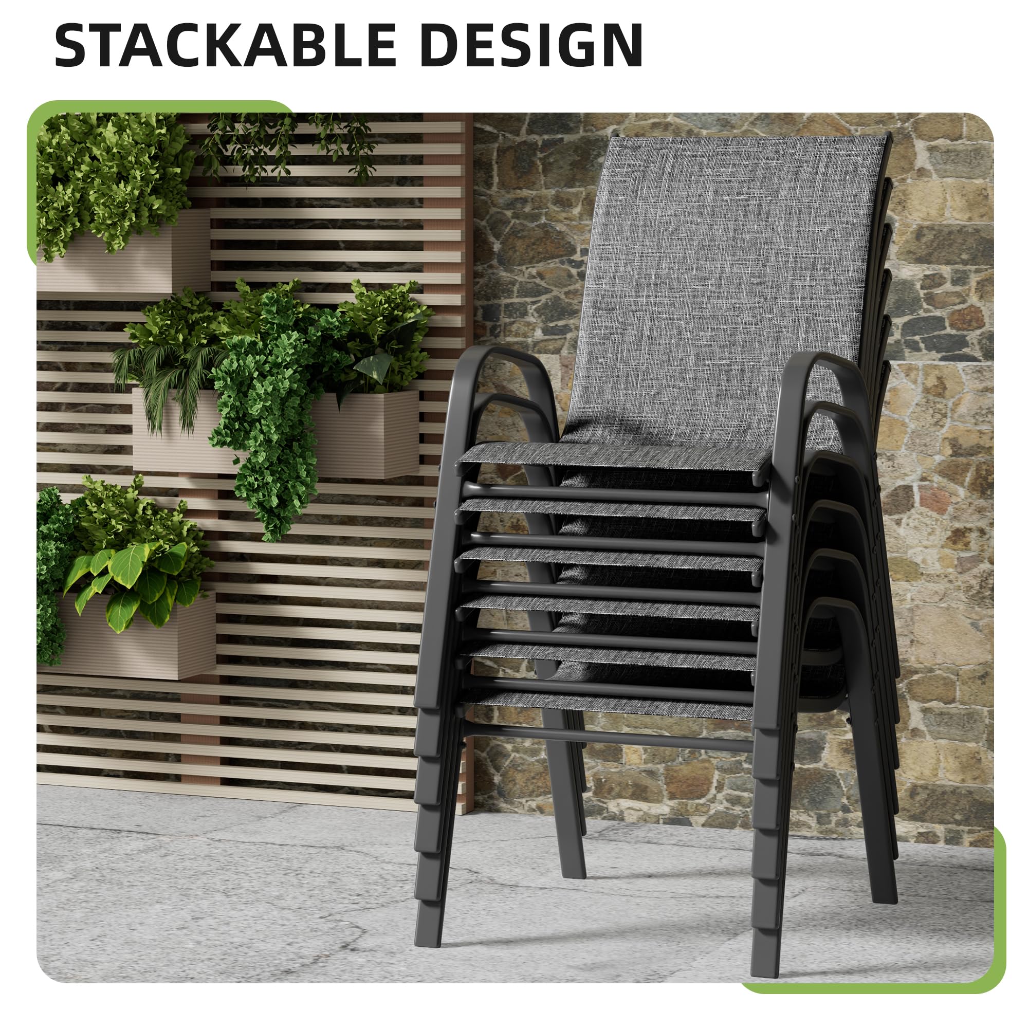 6-Piece Patio Chairs Set - Stackable All-Weather Outdoor Dining Chairs - Breathable Backyard Furniture for Deck, Garden & Lawn - Dark Grey - Perfect for Outdoor Entertaining & Relaxation