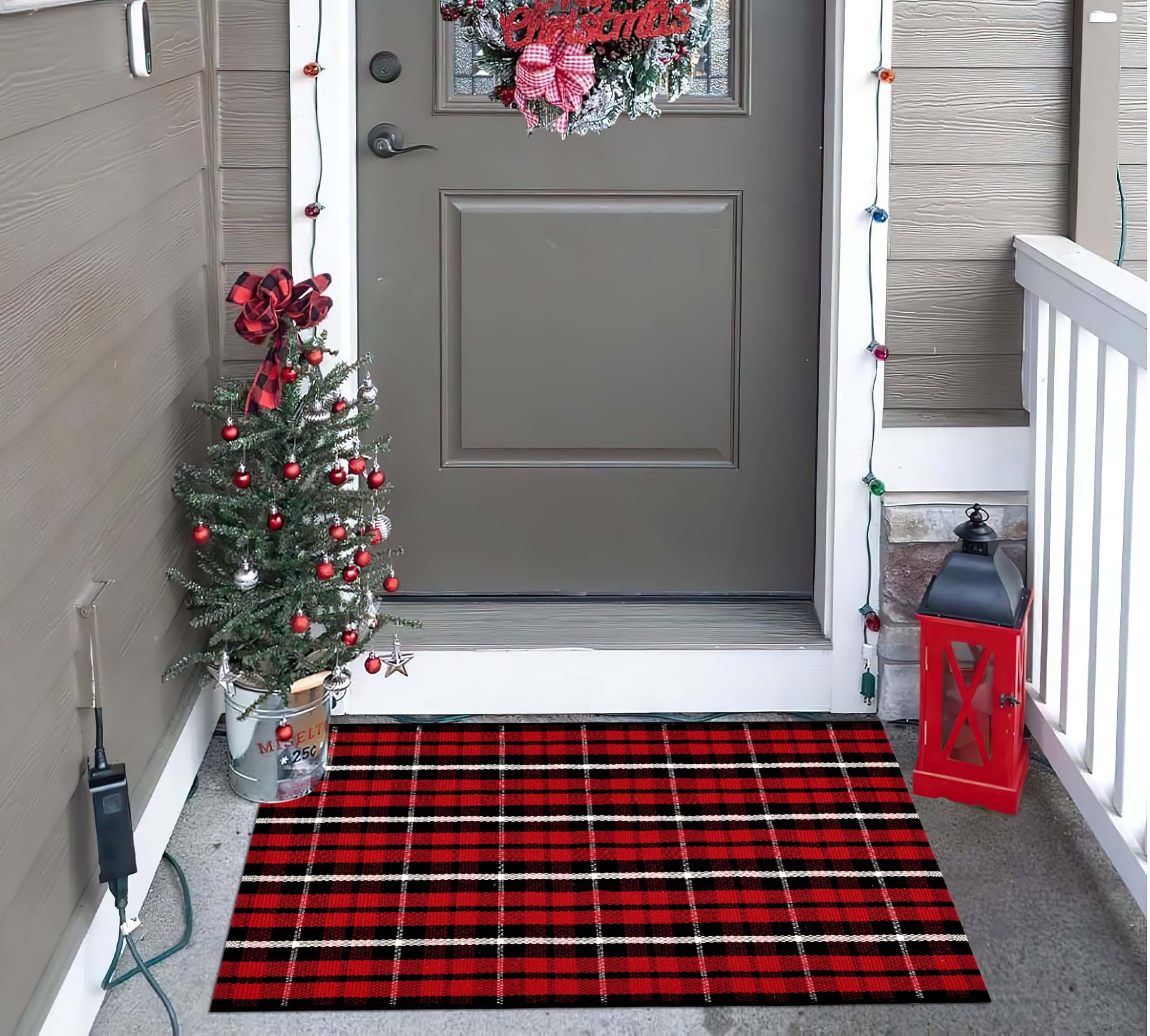 24'' x 35'' Black and Red Christmas Welcome Door Mat - Machine Washable Cotton Hand-Woven Outdoor Rug for Front Porch, Entryway, Laundry, Bathroom & Bedroom - Perfect for Holiday Decor and Home Protection