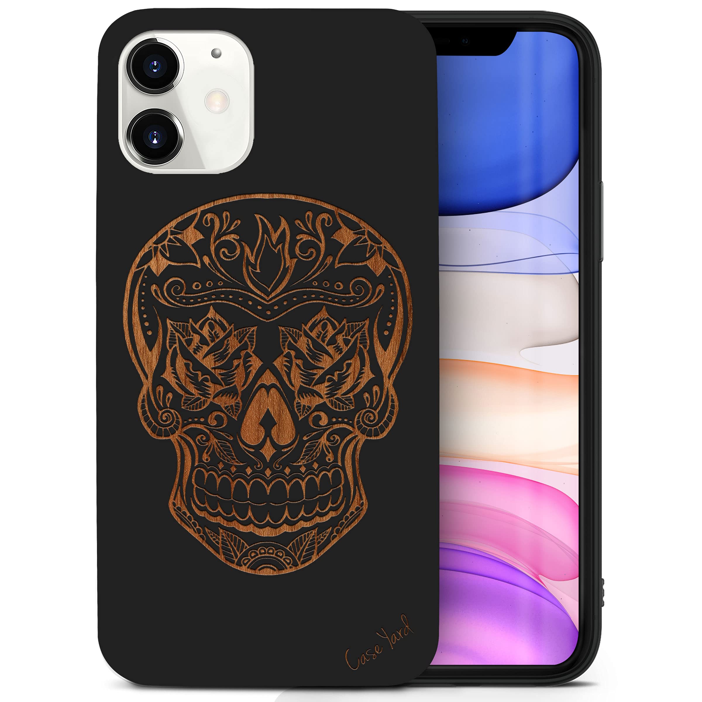 Wooden iPhone 11 Case with Laser Engraved Skull Rose Design - Shockproof Slim Fit Protective Cover for Men & Women - Perfect for Outdoor Adventures, Travel & Daily Use