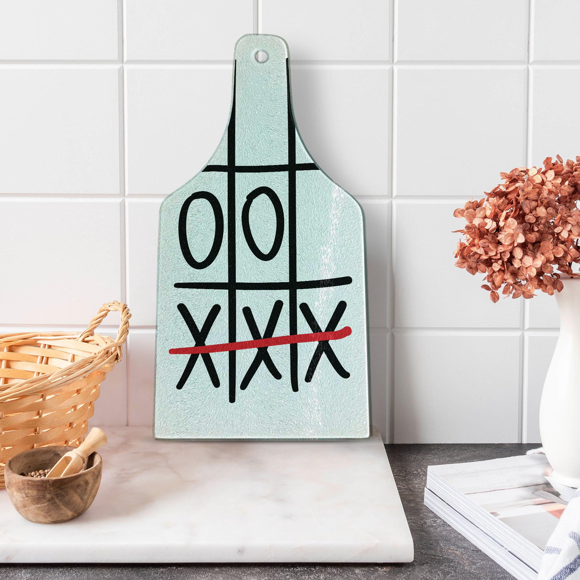 Ambesonne Xo Cutting Board - Hand Drawn Game Pattern Design, Tempered Glass Serving Board for Kitchen & Entertaining, Wine Bottle Shape in Vermilion Black White - Perfect for Charcuterie, Cheese Platters & Party Appetizers