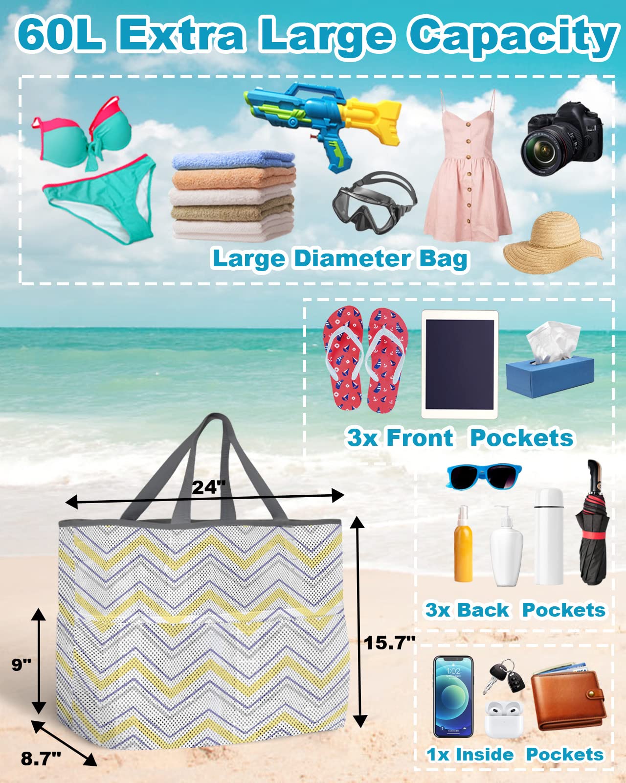 Mesh Beach Tote Bag - 60L Oversized Chevron Striped Swim Bag with Pockets | Quick-Dry, Foldable & Lightweight | Perfect for Beach, Pool, Grocery Shopping & Toy Storage (24