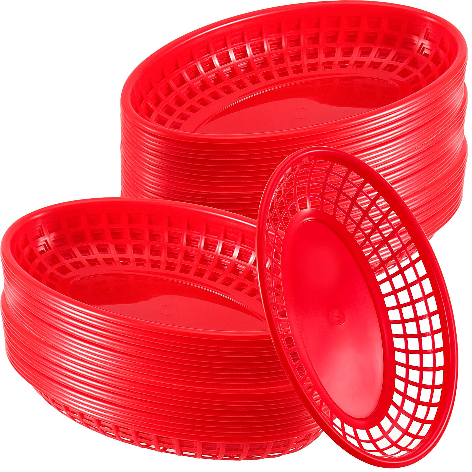 60 Pack 9 x 5.6 Inch Red Plastic Fast Food Baskets - Oval Serving Trays for Burgers, Sandwiches, Fried Chicken, Fries, Bread & Fruits | Perfect for Restaurants, Food Trucks, Catering & Party Snack Serving