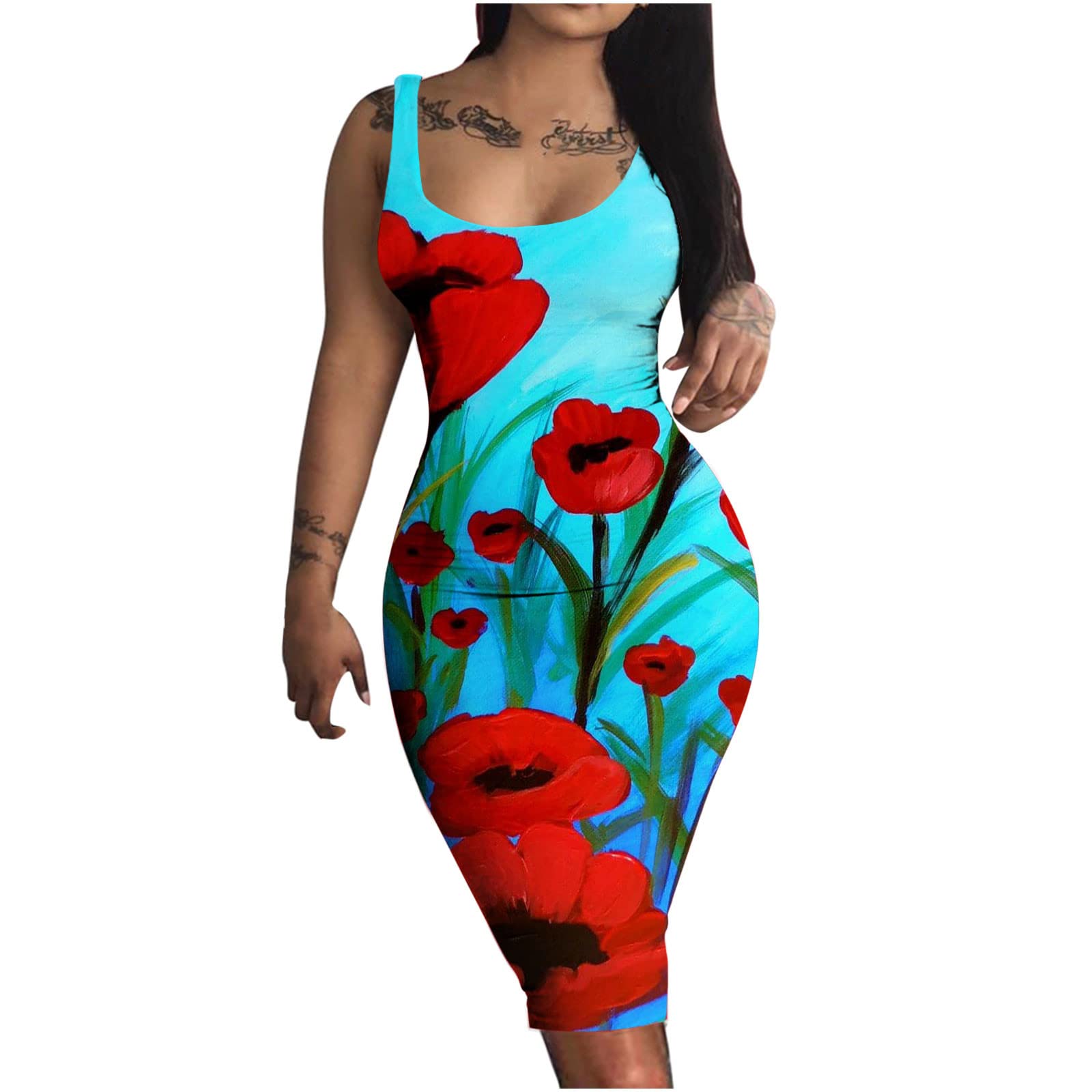 Maqroz Women's Summer Dresses - Sexy Floral Print Round Neck Sleeveless Bodycon Midi Dress | Perfect for Club, Beach, Date Night & Casual Outings