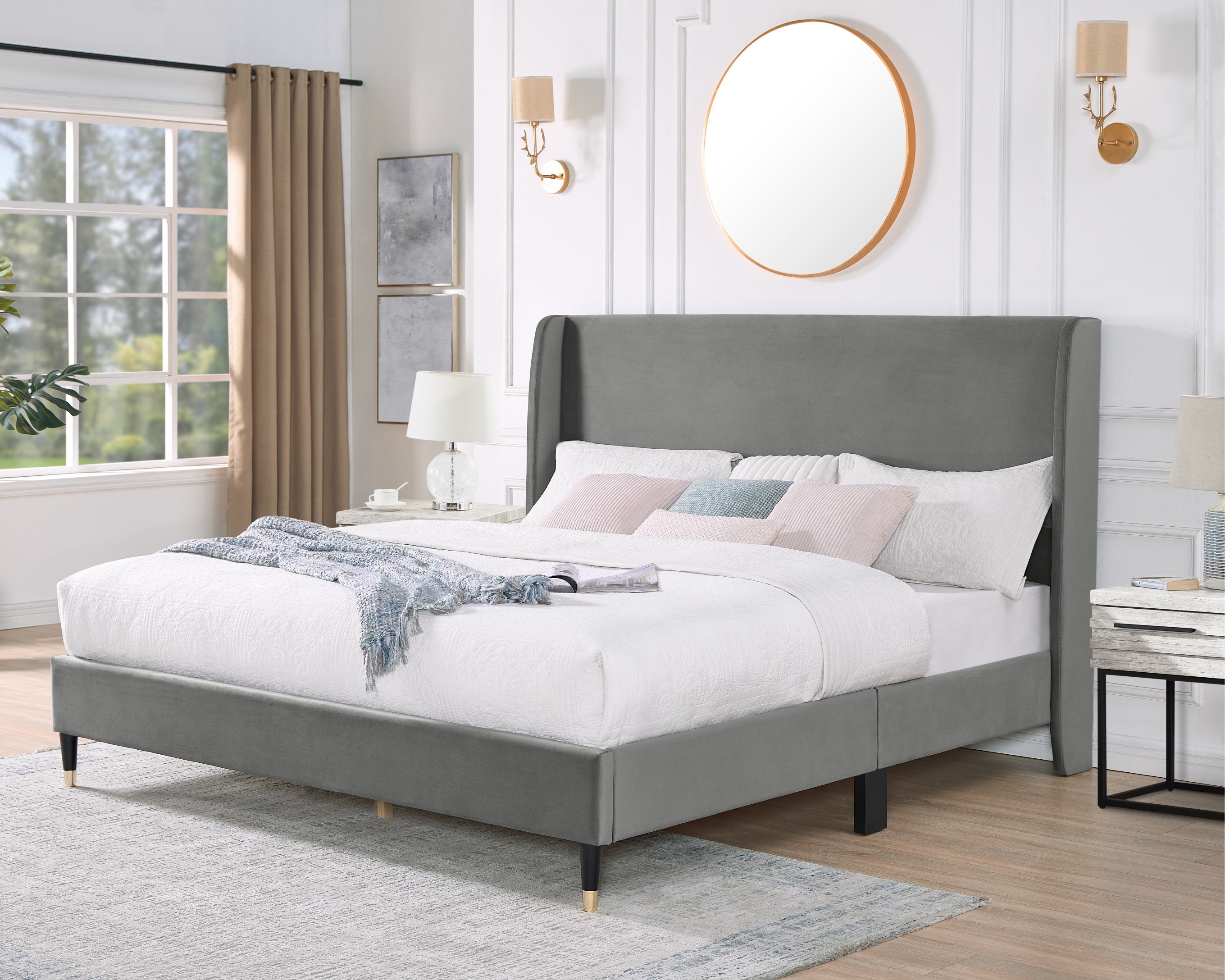 Roundhill Furniture Arles 3-Piece Upholstered Bedroom Set - Wingback Platform Bed with 2 Nightstands for Master Bedroom, Guest Room & Apartment Decor