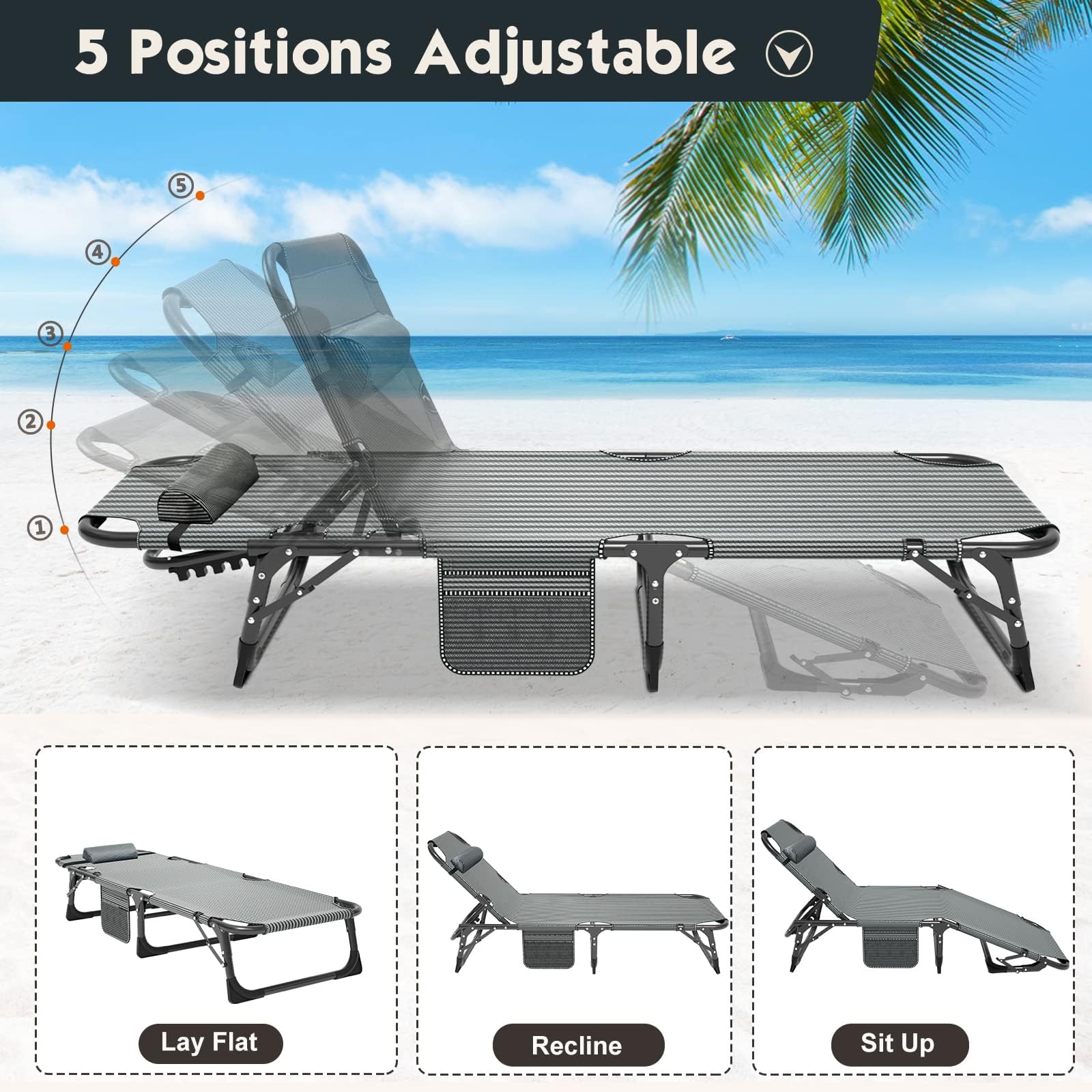 MOPHOTO 5-Position Folding Lounge Chair - Portable Outdoor Chaise Lounge for Sunbathing, Pool, Beach & Patio - Lightweight & Adjustable for Camping, Backyard Relaxation & Travel