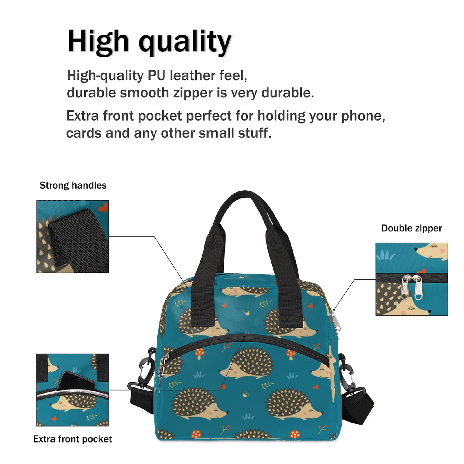 Leakproof Hedgehog Insulated Lunch Bag with Front Pocket & Shoulder Strap - Water-resistant Thermal Cooler Tote for Picnic, Hiking, Beach, Work - Cute Animal Lunch Box for Adults & Kids