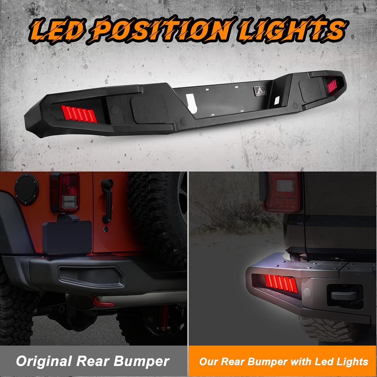 WOLFSTORM Full Width Rock Crawler Rear Bumper with 2 LED Lights & Hitch Receiver - Compatible with 2019-2021 Jeep Gladiator JT | Off-Road Adventure & Truck Protection
