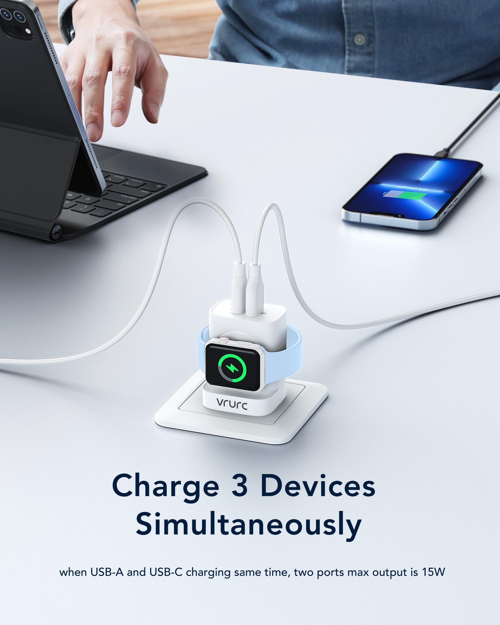 VRURC 3-in-1 Wireless Magnetic Charger for Apple Watch Ultra/SE/10/9/8/7/6/5/4/3, iPhone 16/15/14/13 & Android - 20W PD Fast Charging, Portable USB-C Travel Charging Block (White) | Perfect for Home, Office & Travel Use