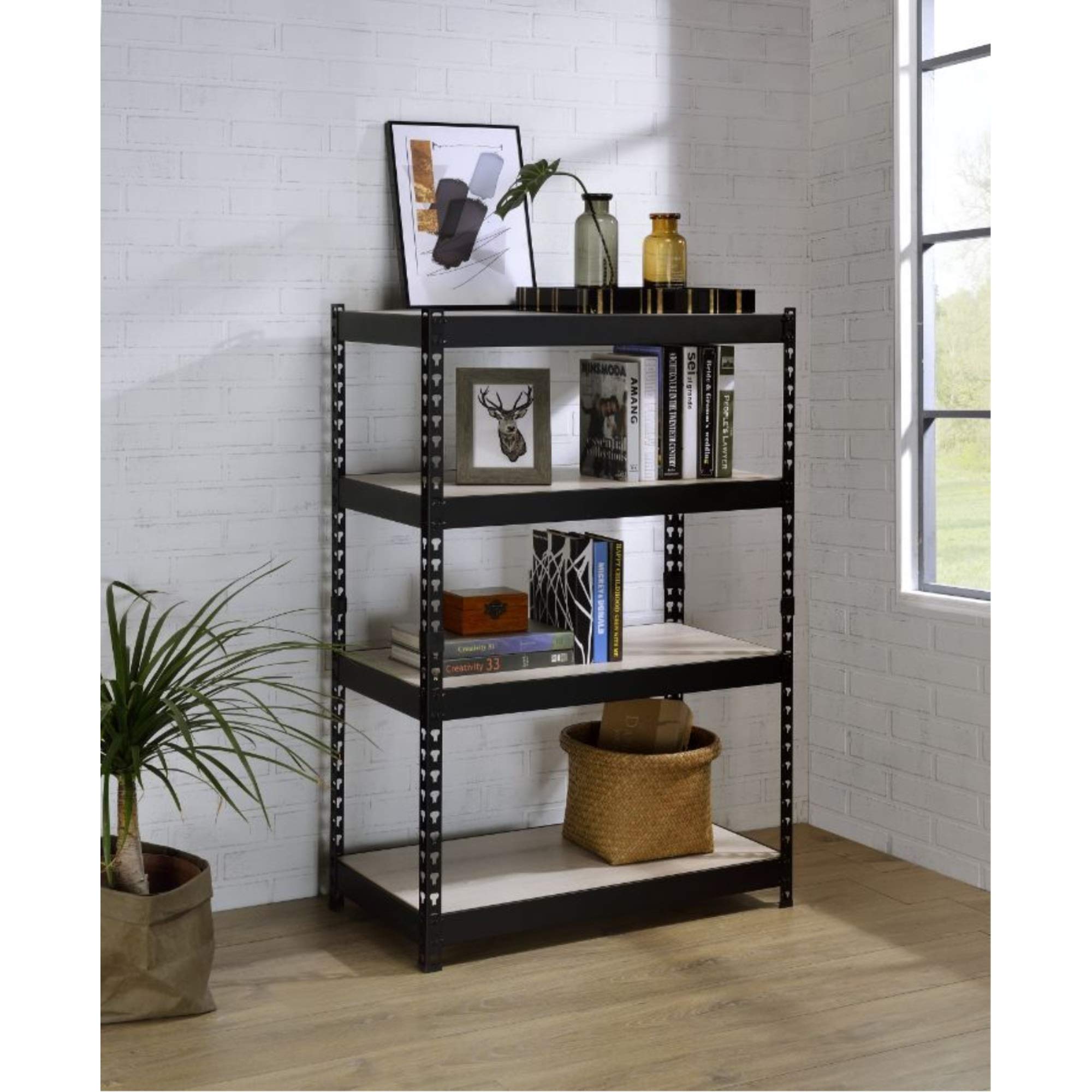 Acme Furniture Decmus 5-Shelf Bookcase in Natural & Black Finish - Perfect for Living Room, Home Office & Library Storage