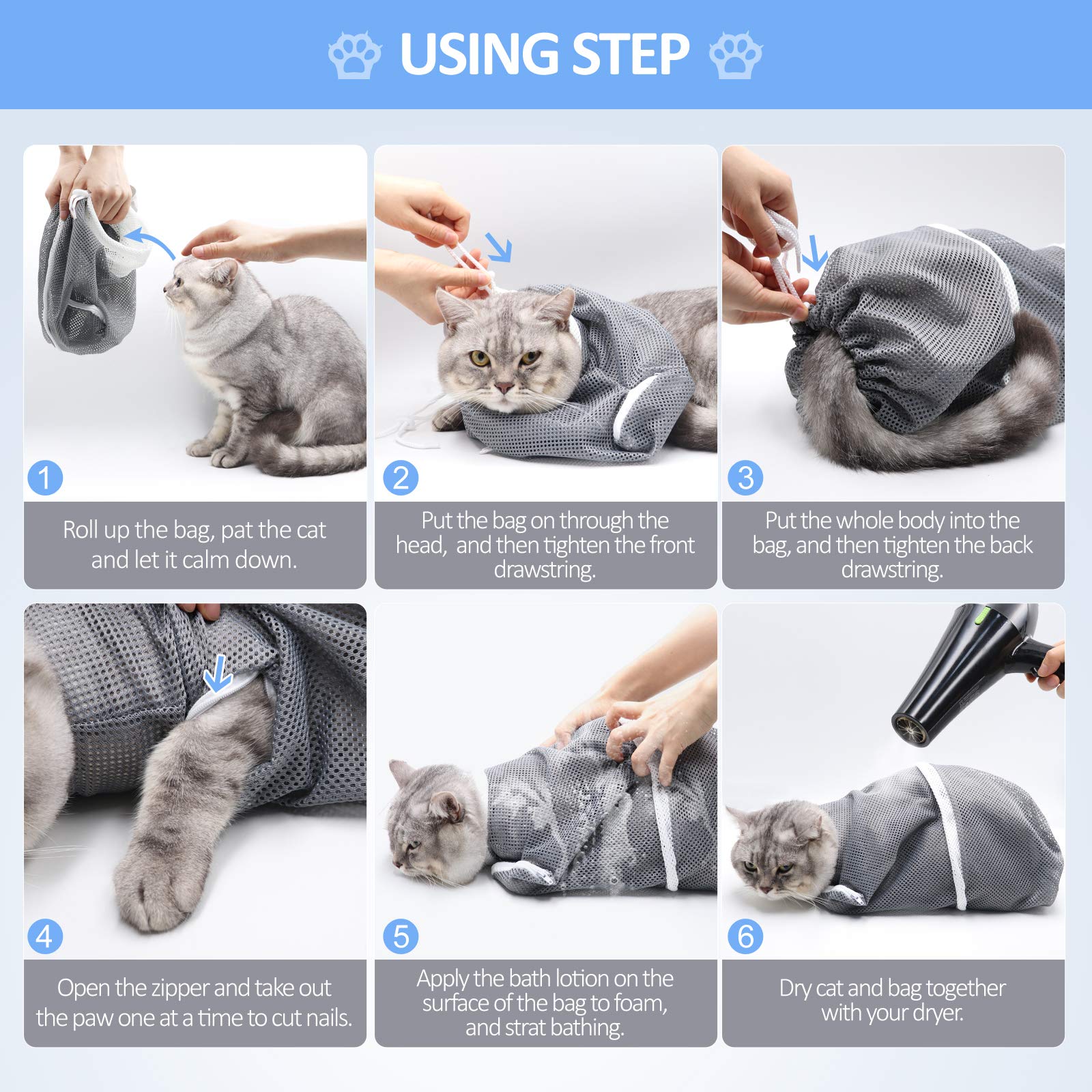 **Adjustable Cat Bathing Bag - Anti-Bite & Scratch-Proof Pet Grooming Bag for Cats & Small Dogs - Secure Washing Restraint for Stress-Free Baths (Grey) - Perfect for Home Grooming & Vet Visits**