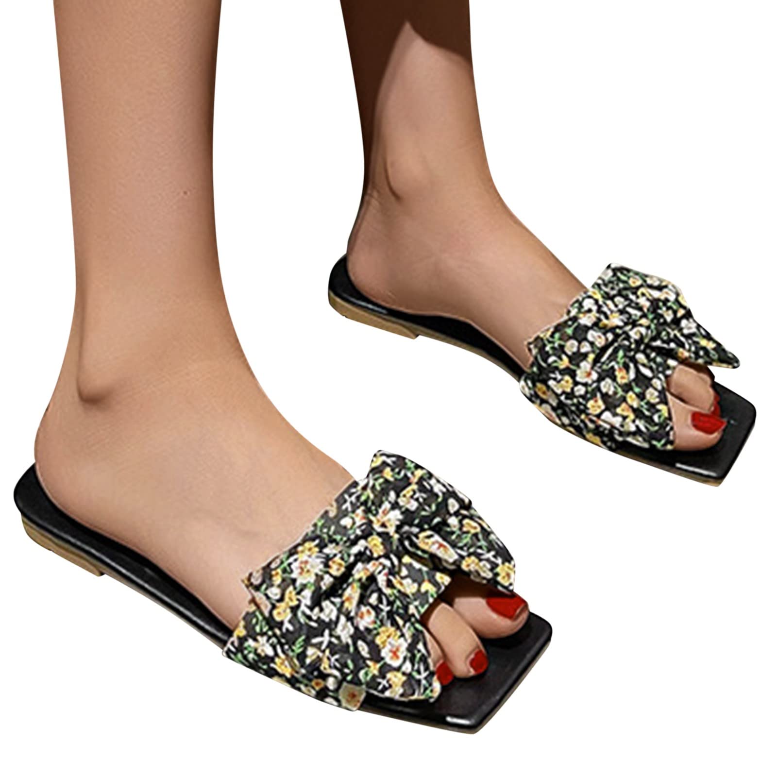 Women's Summer Sandals - Casual Lightweight Flat Shoes with Thick Sole & Floral Design, Square Toe for Beach, Walking & Everyday Comfort