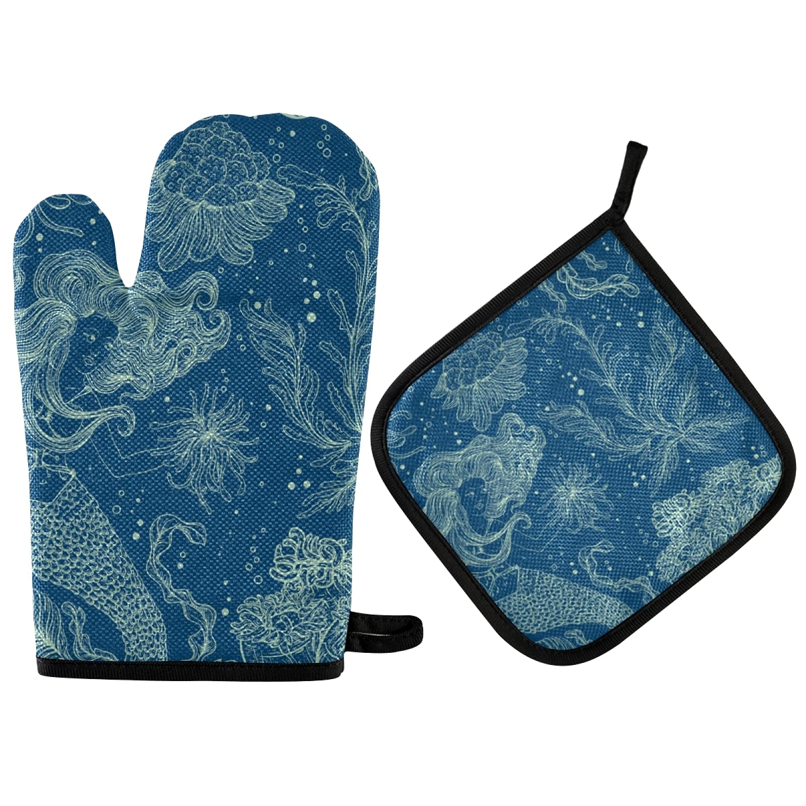 QUGRL Retro Mermaid Coral Oven Mitts & Pot Holders Set - Heat Resistant Kitchen Gloves for Baking, Cooking & BBQ - Underwater Theme Hot Pads for Safe Cookware Handling - Perfect for Beach House Kitchens & Mermaid-Themed Parties