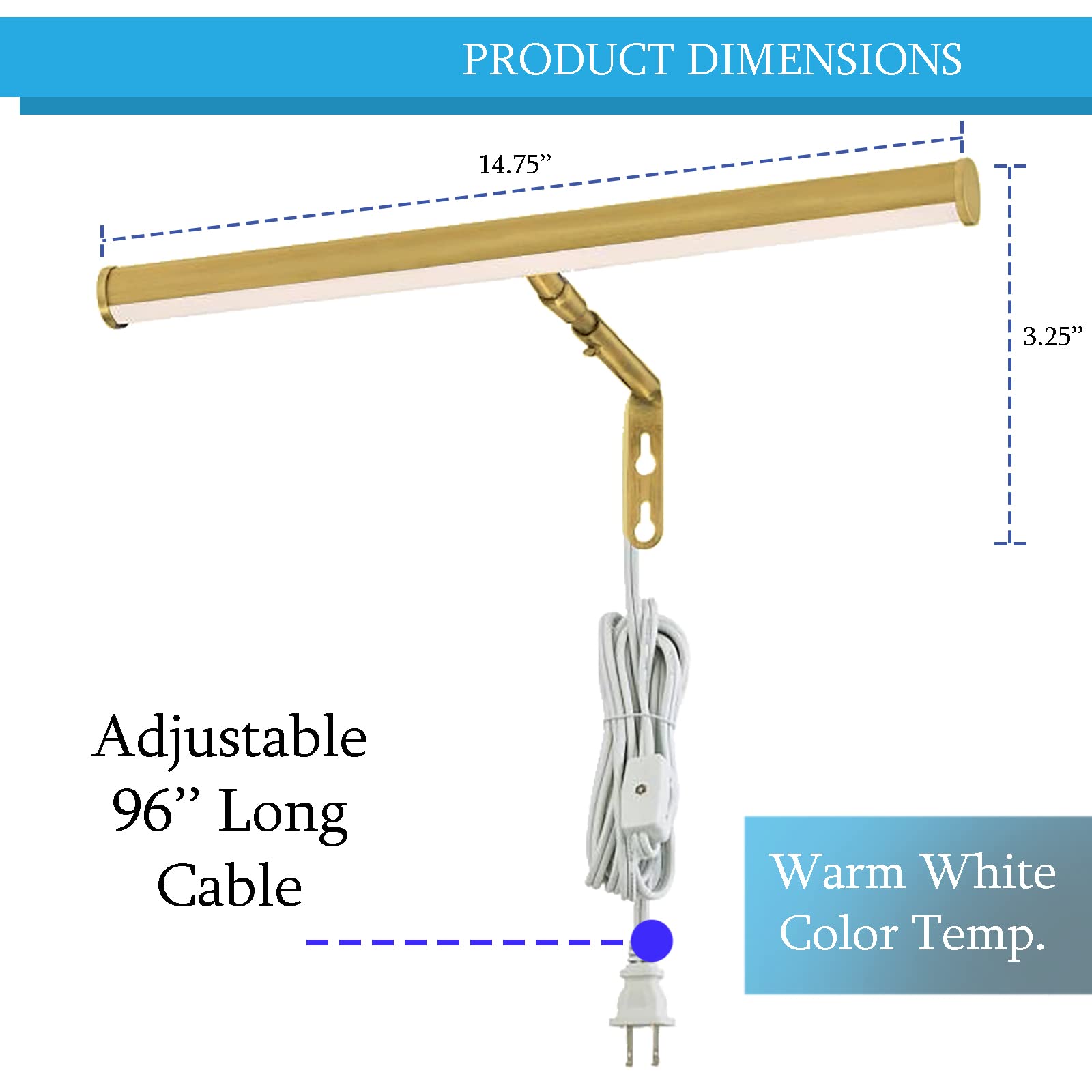 Ciata 14-Inch Adjustable LED Picture Light for Wall Art - 15W Metal Frame Light with E12 Candelabra Base & On/Off Switch - Polished Brass Artwork Lighting for Galleries, Museums & Home Decor
