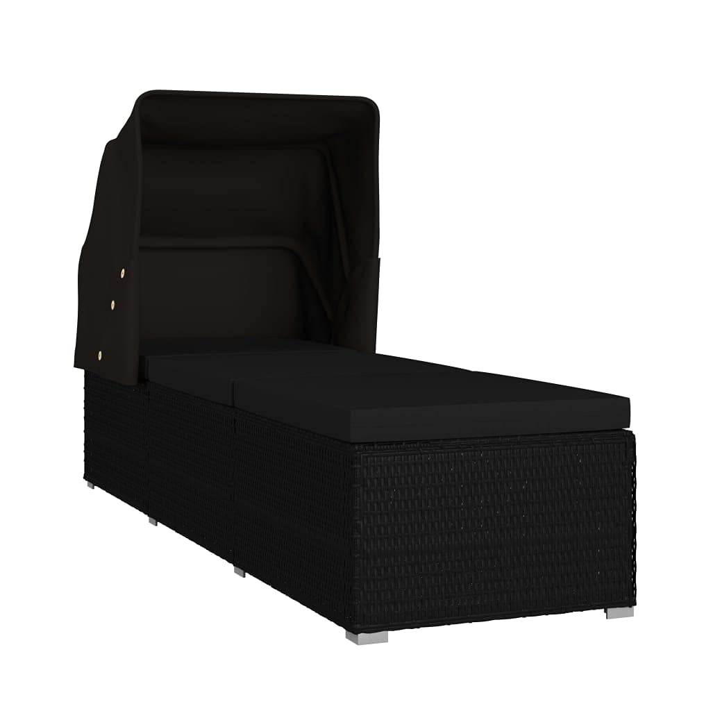 Outdoor Sunbed Patio Furniture - Black Poly Rattan Sun Lounger with Canopy & Cushion | Fast Shipping | Perfect for Poolside, Garden & Backyard Relaxation